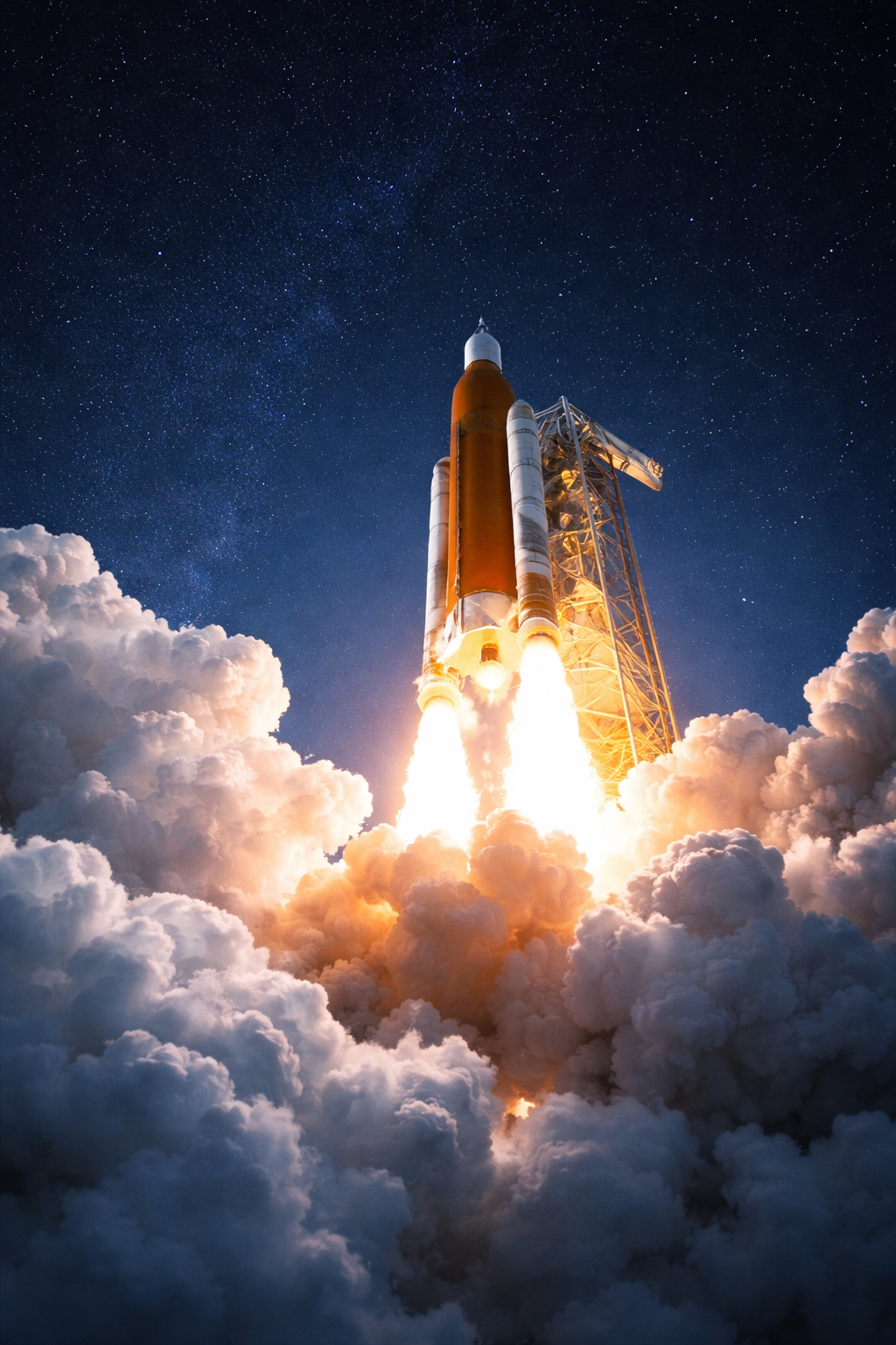 A rocket launching into space amidst clouds and a starry night sky.