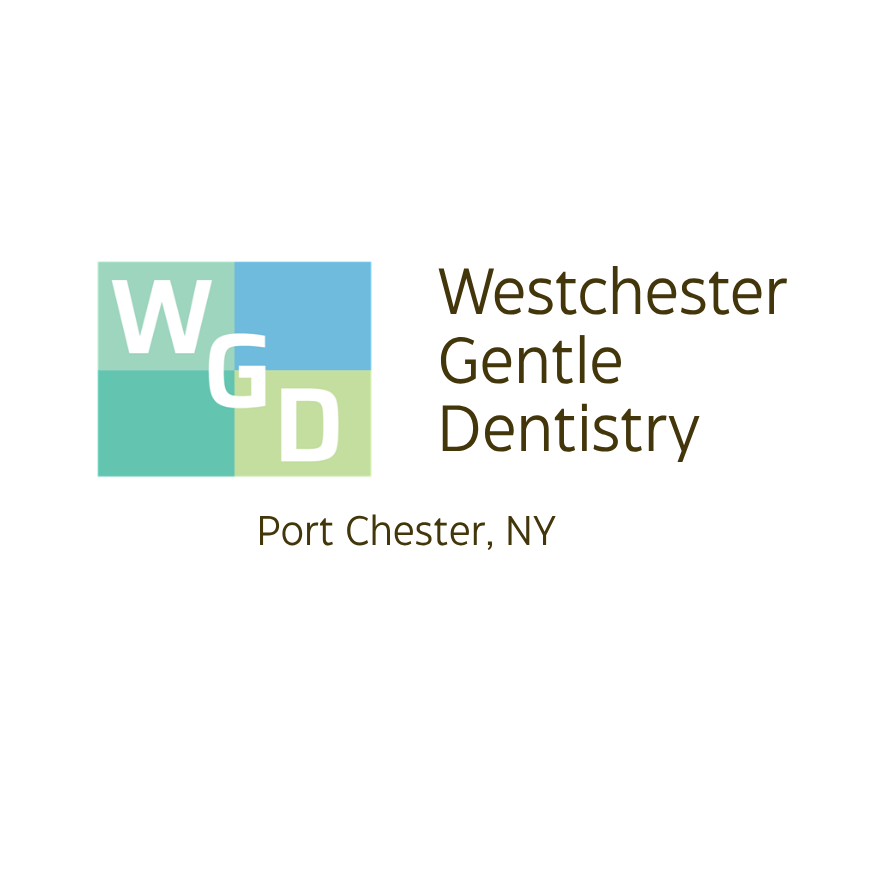 Logo for Westchester Gentle Dentistry, featuring a square divided into four pastel-colored sections with the initials W, G, D, and D, alongside the text 'Westchester Gentle Dentistry' and 'Port Chester, NY'.