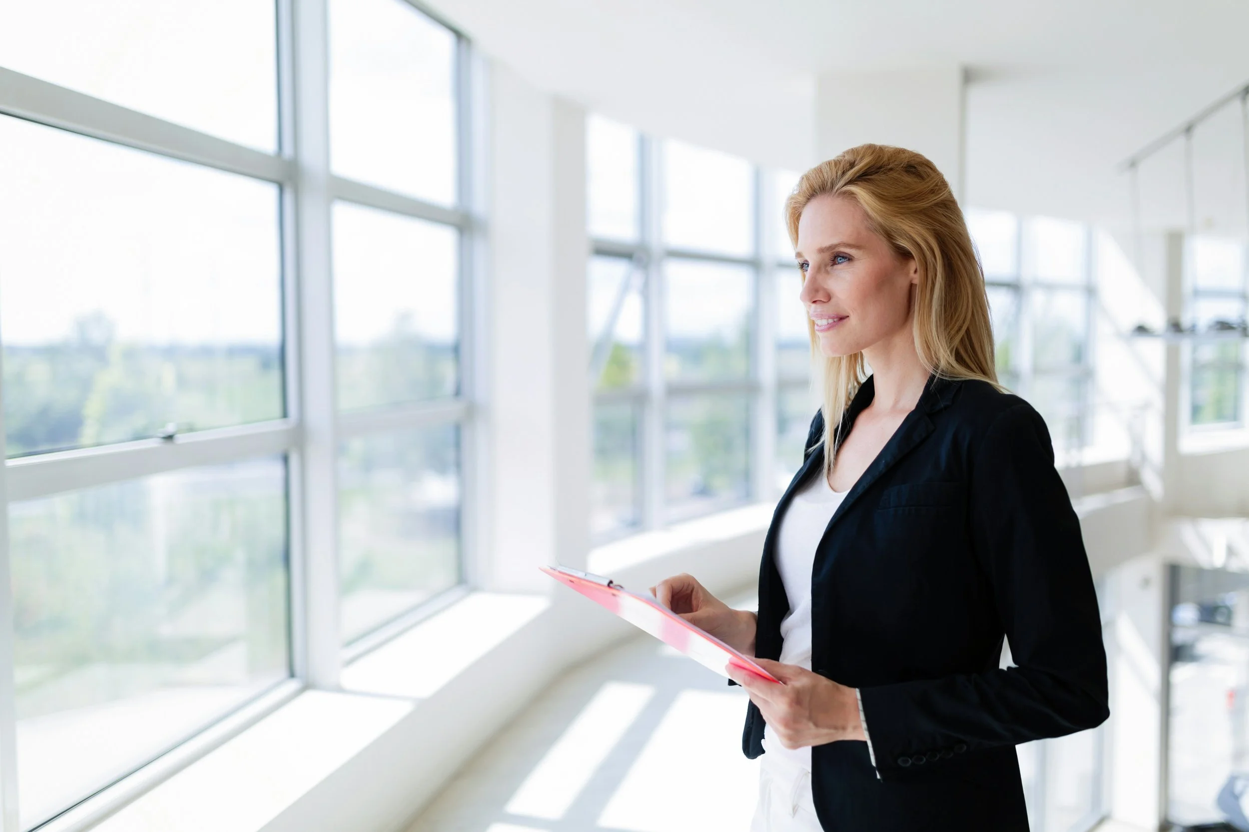energized balanced woman in office