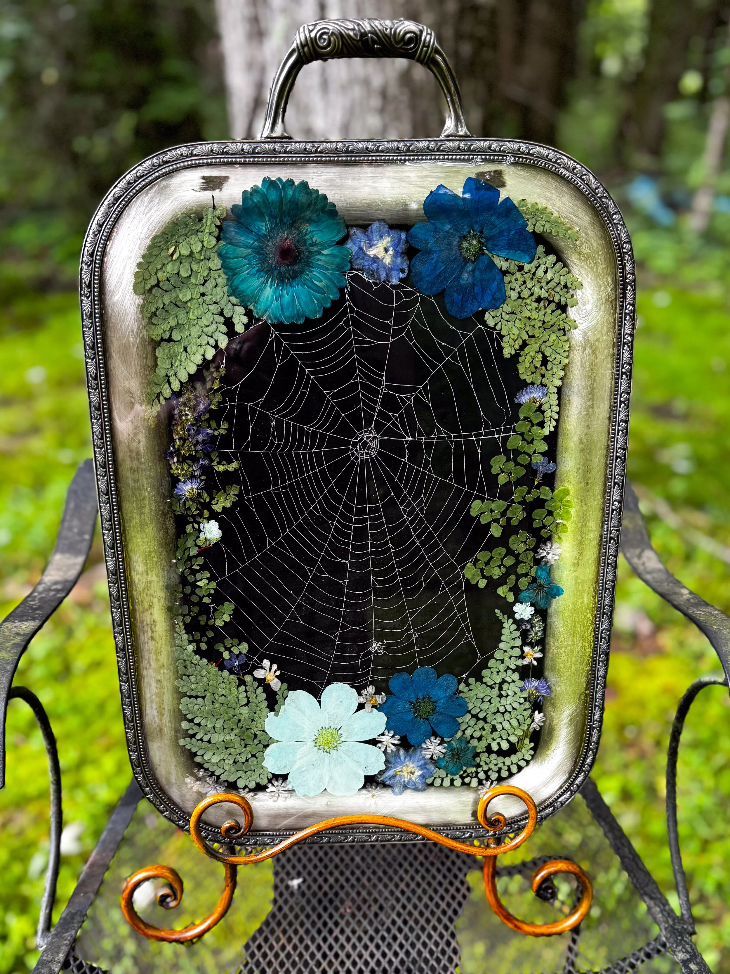 Real Preserved Spiderweb with Blue Toned Florals in Resin
