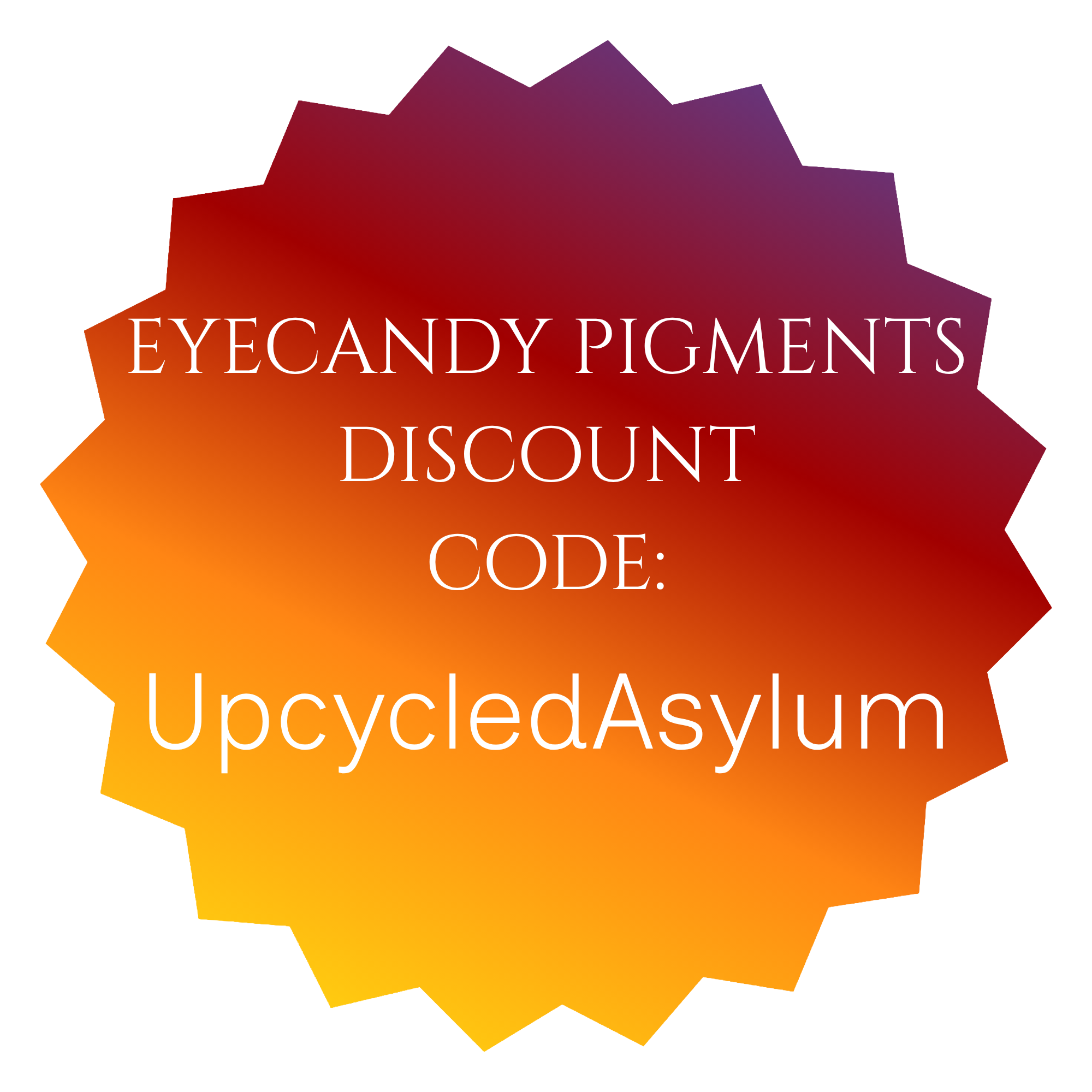 Colorful geometric shapes with text promoting an upcycled asylum discount code