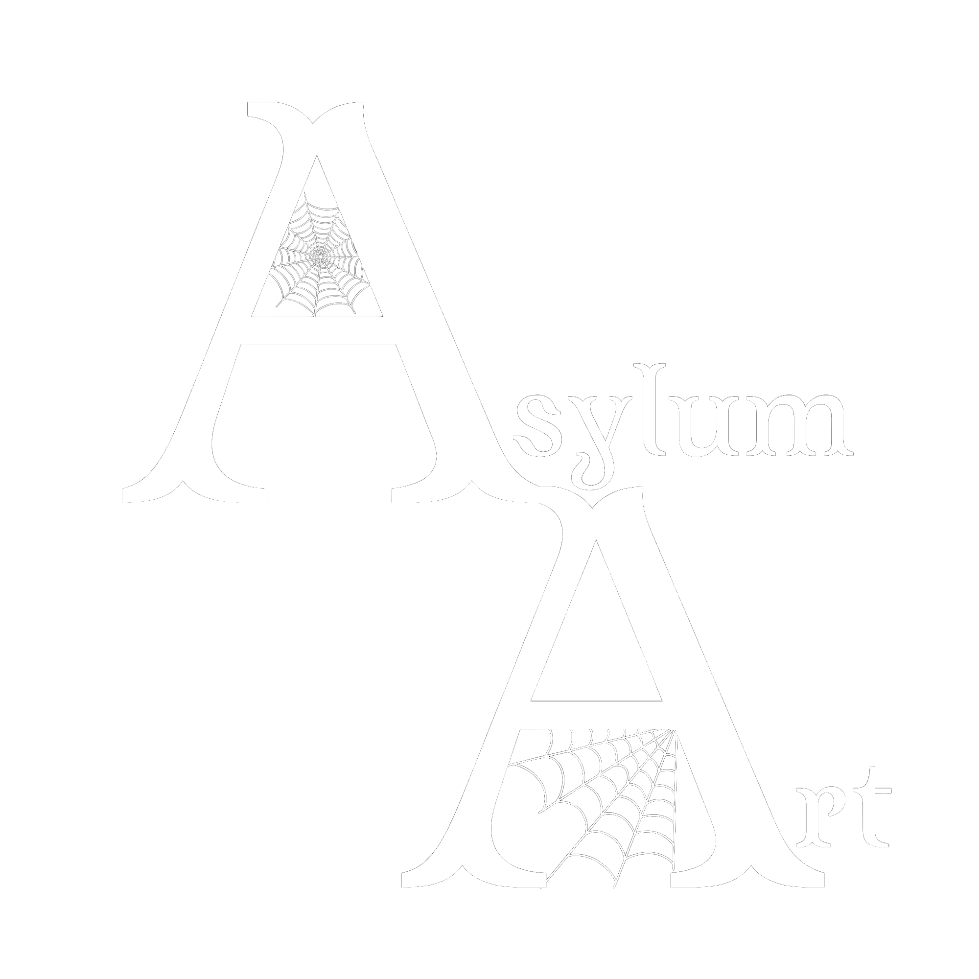 Black Halloween-themed poster with white text that says "Abyssym" and "art" and features a large letter 'A' with cobwebs and spiders
