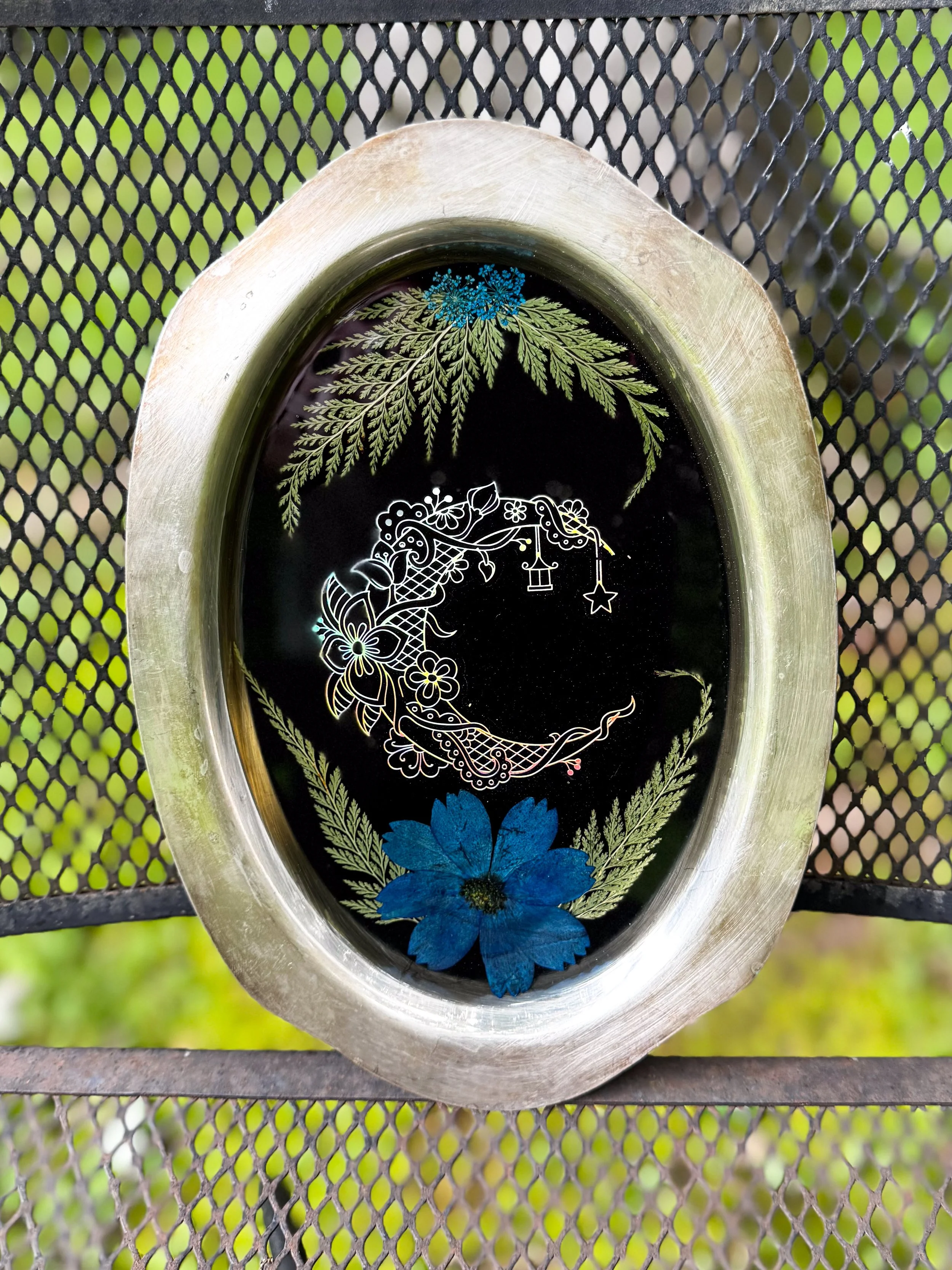Crescent Moon with Blue Florals and Greenery in Epoxy Resin