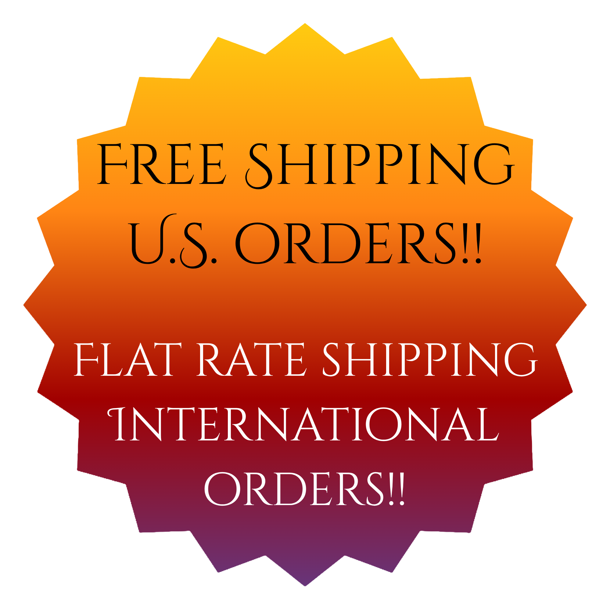 A badge-shaped sign with a gradient orange and purple background promoting free shipping on orders within the U.S.