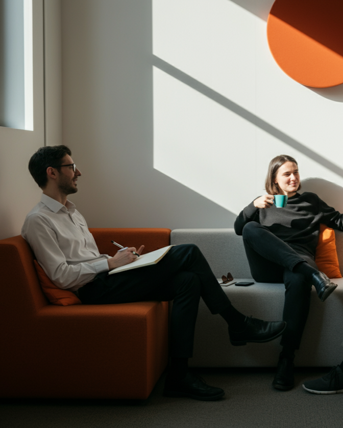 Two Embrace team members talking in a bright, modern lounge