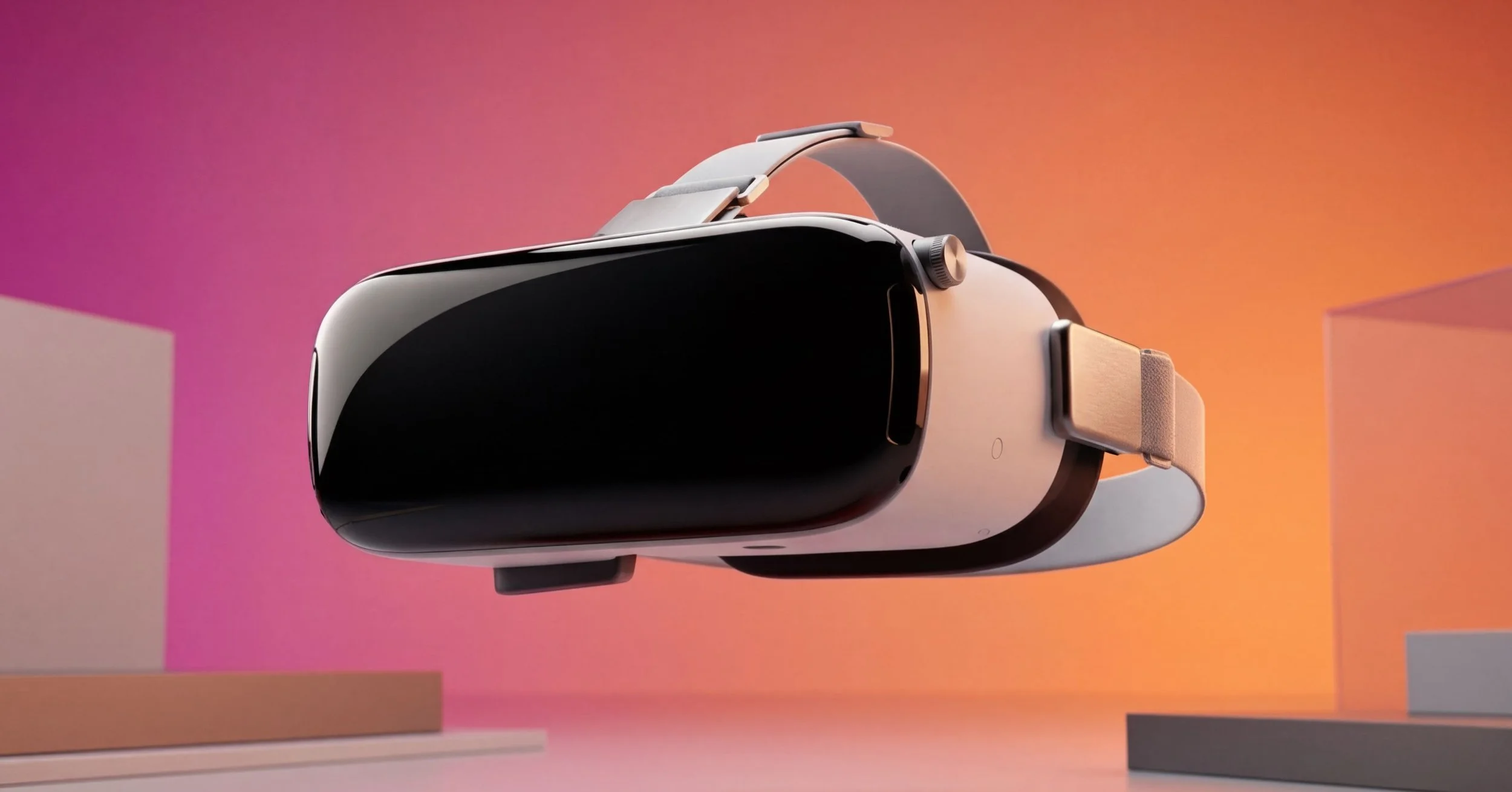 Sleek modern VR headset with a glossy black front visor floating against a vibrant pink and orange gradient background.