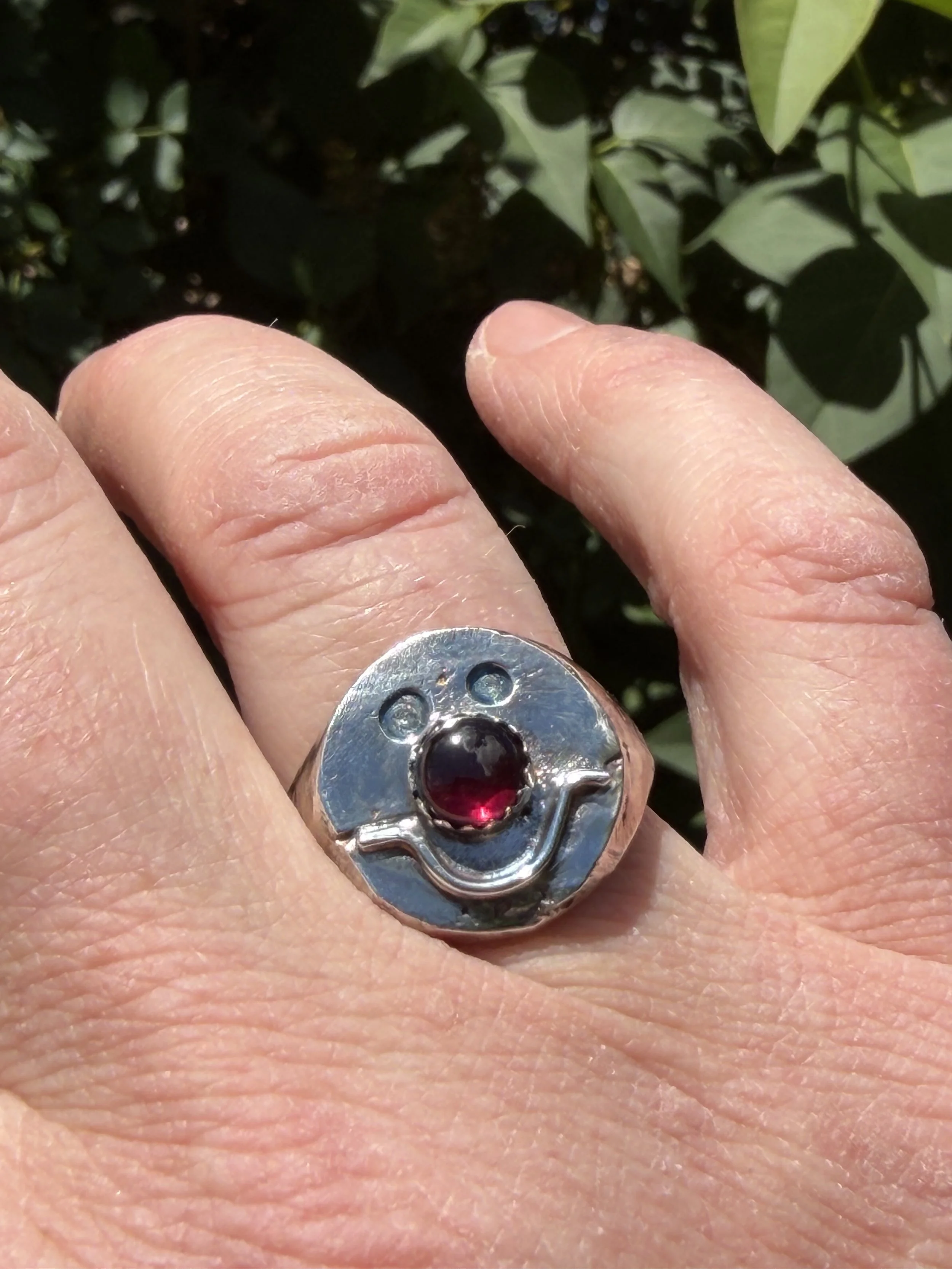 Smiley Face Signet Ring with Garnet Nose