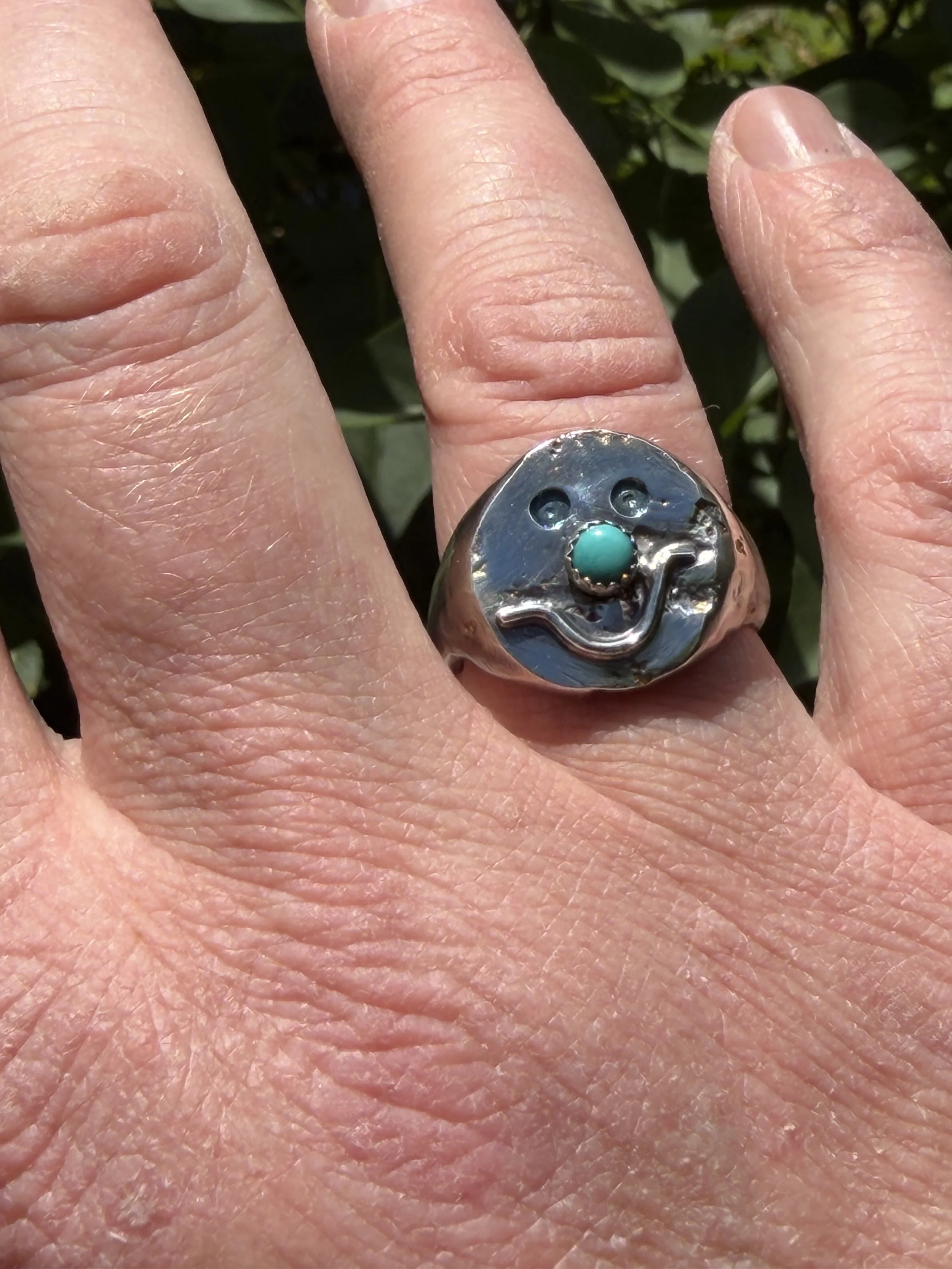 Smiley Face Signet Ring with Turquoise Nose