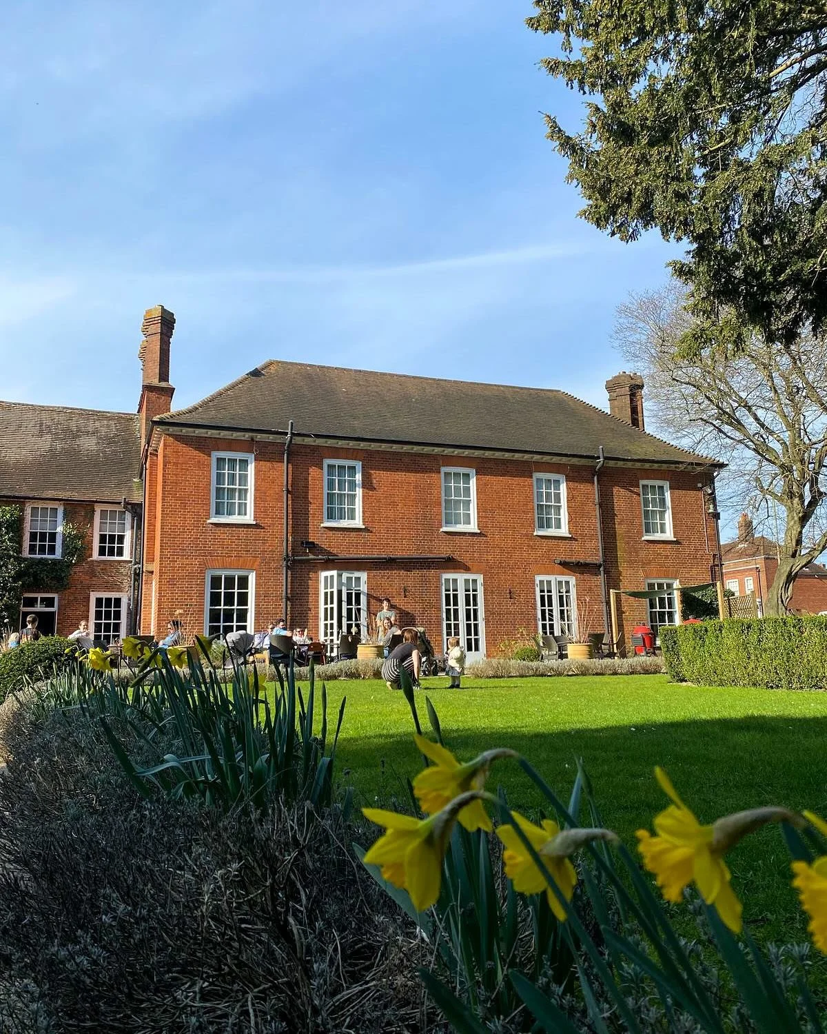 A large red brick house with white-framed windows and a backyard patio where people are gathered. There are trees and a green lawn with yellow flowers in the foreground, and a clear blue sky overhead.