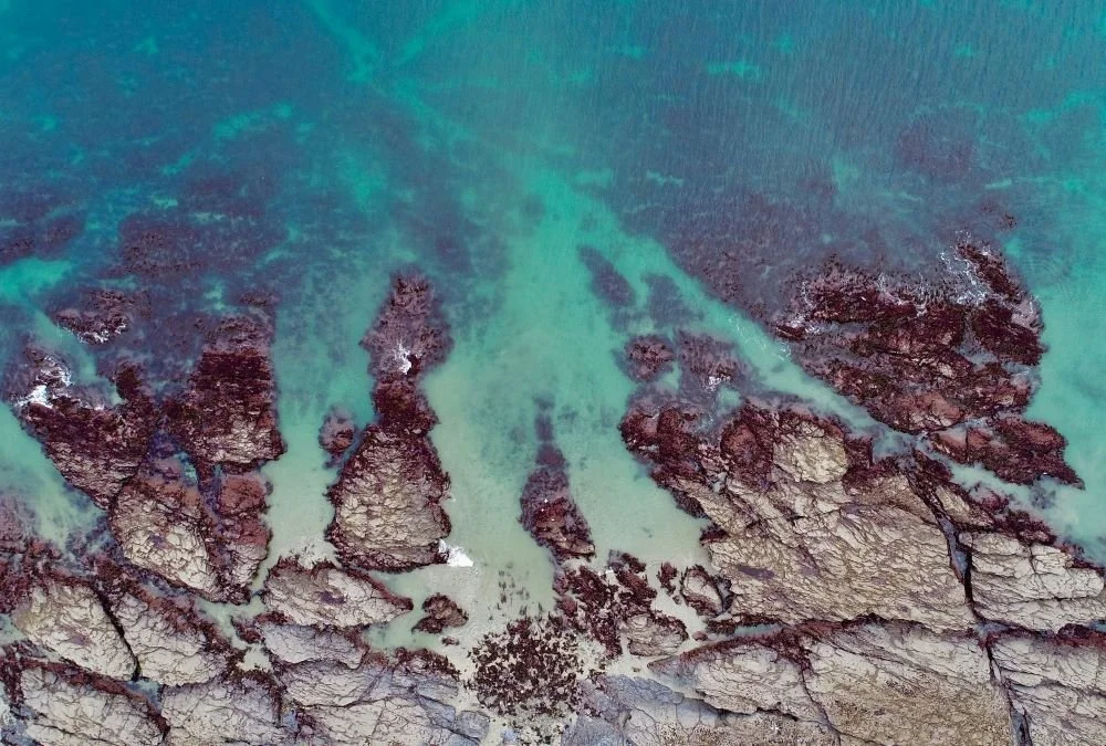 Aerial view of rocky shoreline with clear turquoise water.