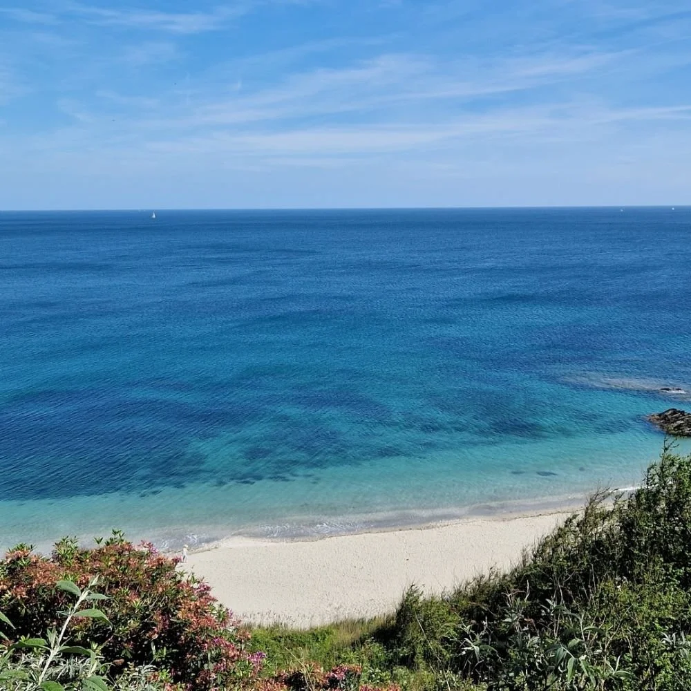 A scenic view of a sandy beach with clear blue ocean water and green vegetation in the foreground under a partly cloudy sky.