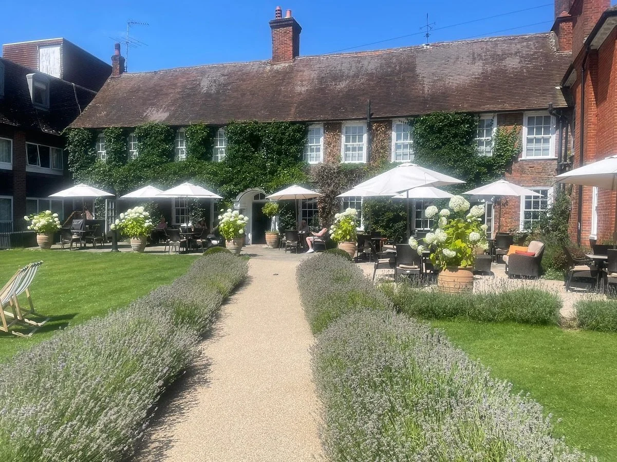 Outdoor garden view of a cafe with white umbrellas, patio tables, and chairs, surrounded by lavender bushes and green grass, with a vine-covered building in the background on a sunny day.