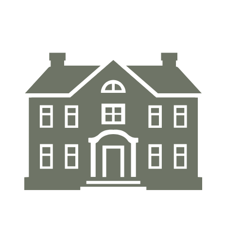 Illustration of a large house with a gabled roof, multiple windows, and a centered front door.
