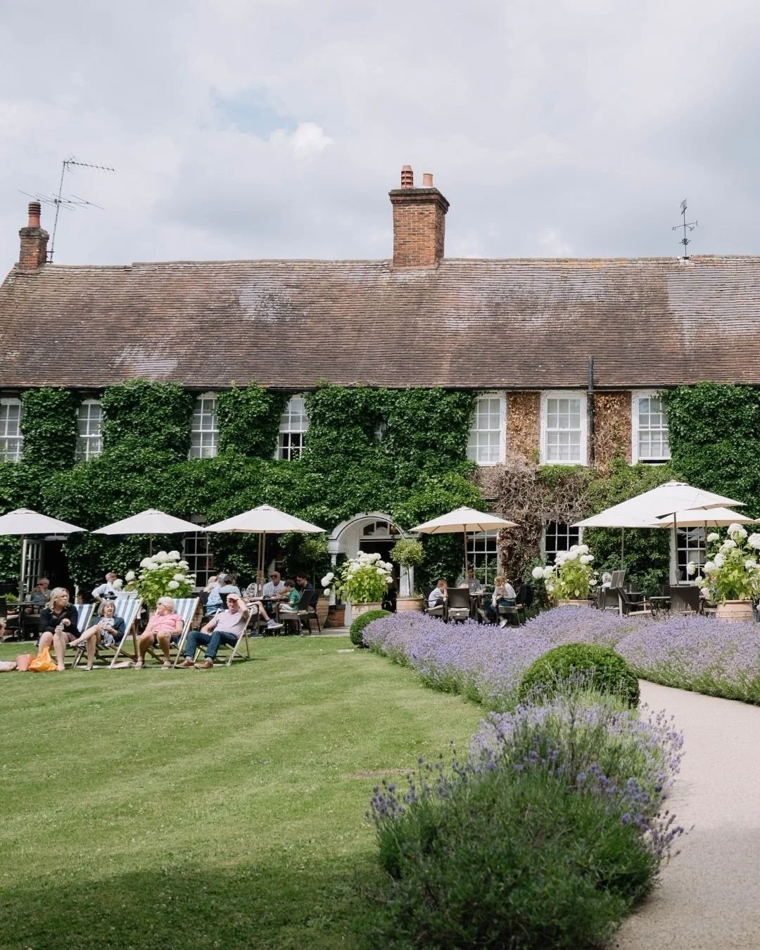 A group of people sitting on chairs and at tables with umbrellas in front of a large ivy-covered brick house with a garden and purple flowers.