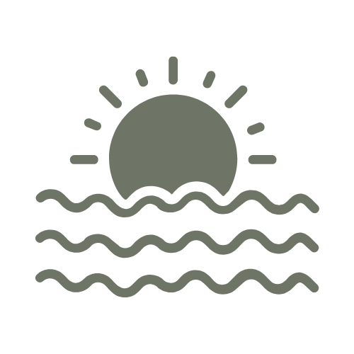 Illustration of a sunset over wavy water with the sun partially visible on the horizon.