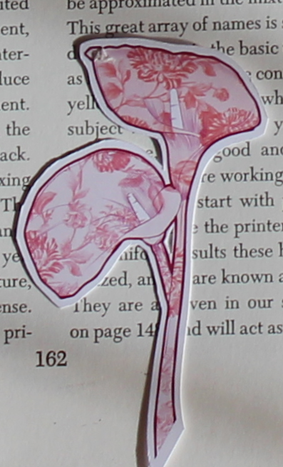 A cutout illustration of a flower placed on a page of printed text.