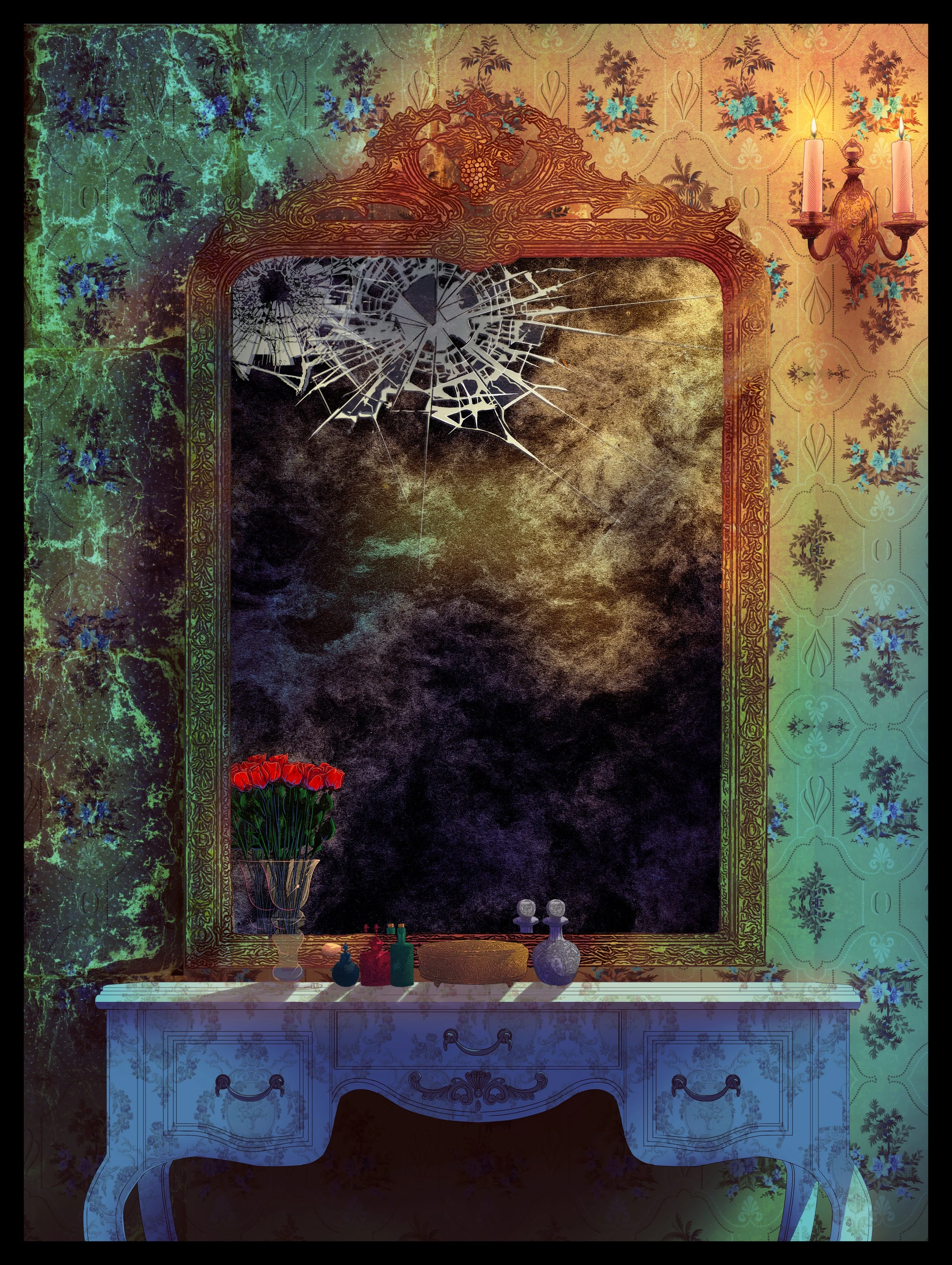 A vintage-style ornate mirror with a broken, cracked glass reflection hangs on a wallpapered wall with floral patterns. On a table beneath the mirror are decorative vases filled with red flowers, and a collection of small bottles and containers. A blue antique dresser with curved drawers is positioned below the table.
