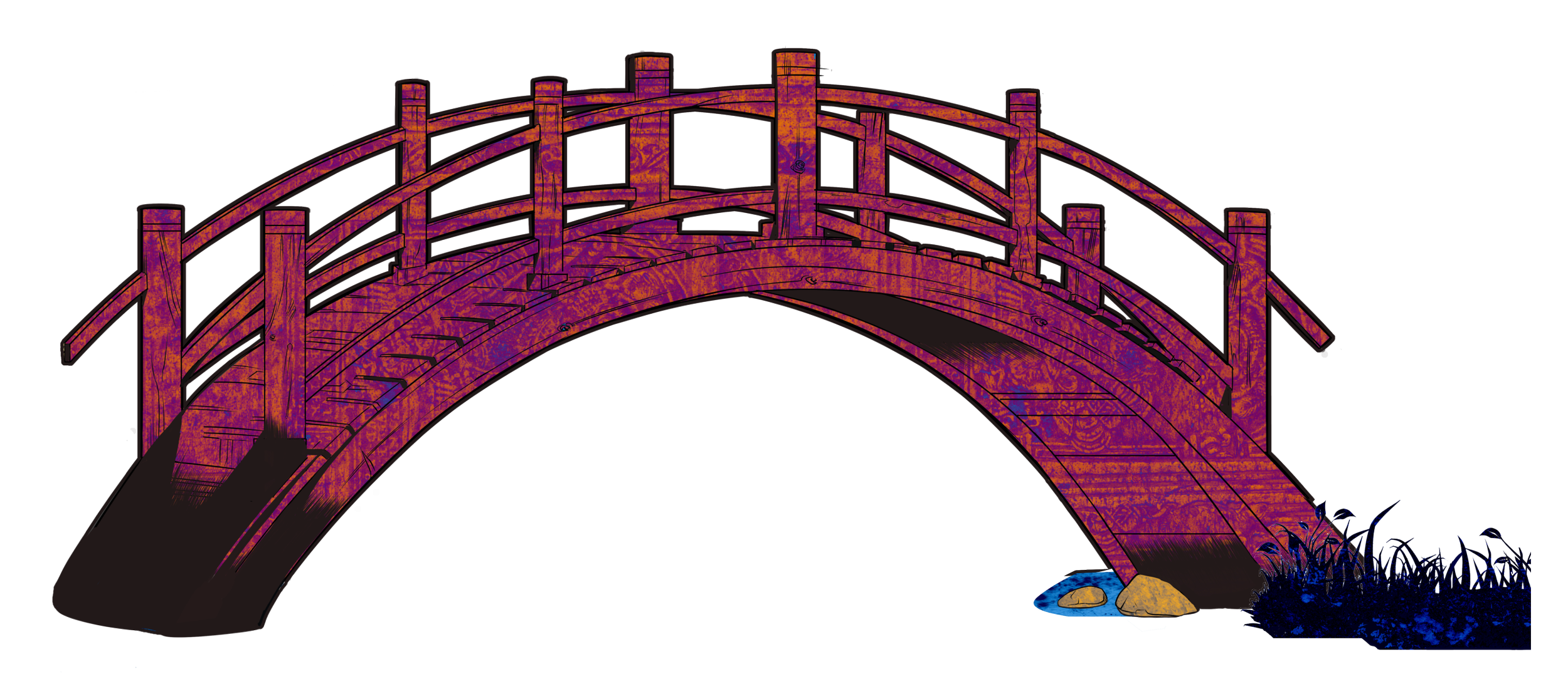 A digital illustration of a wooden arched bridge with railings over a small pond with rocks and plants on the sides.