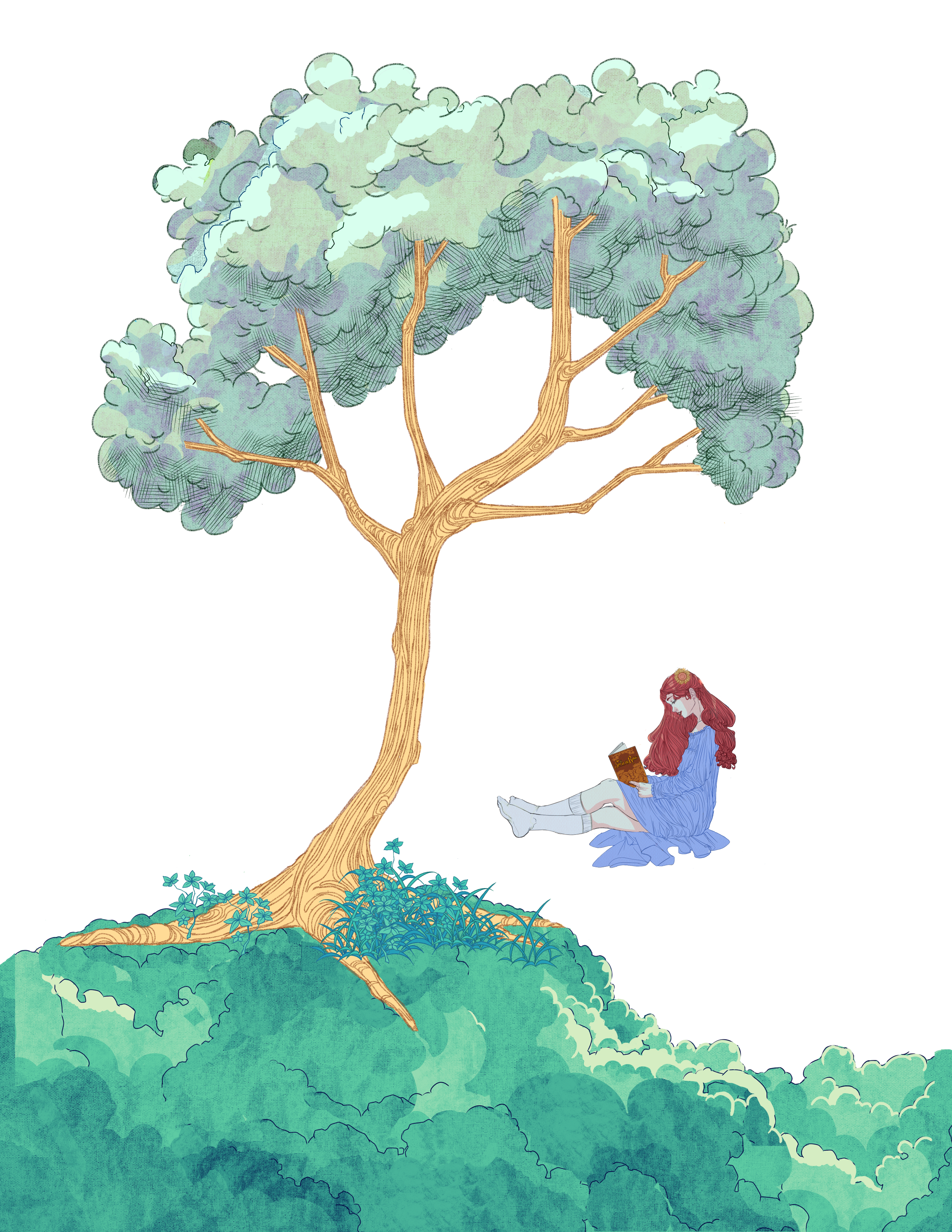 A woman with long, wavy red hair, wearing a blue dress, sitting under a large tree and reading a book.