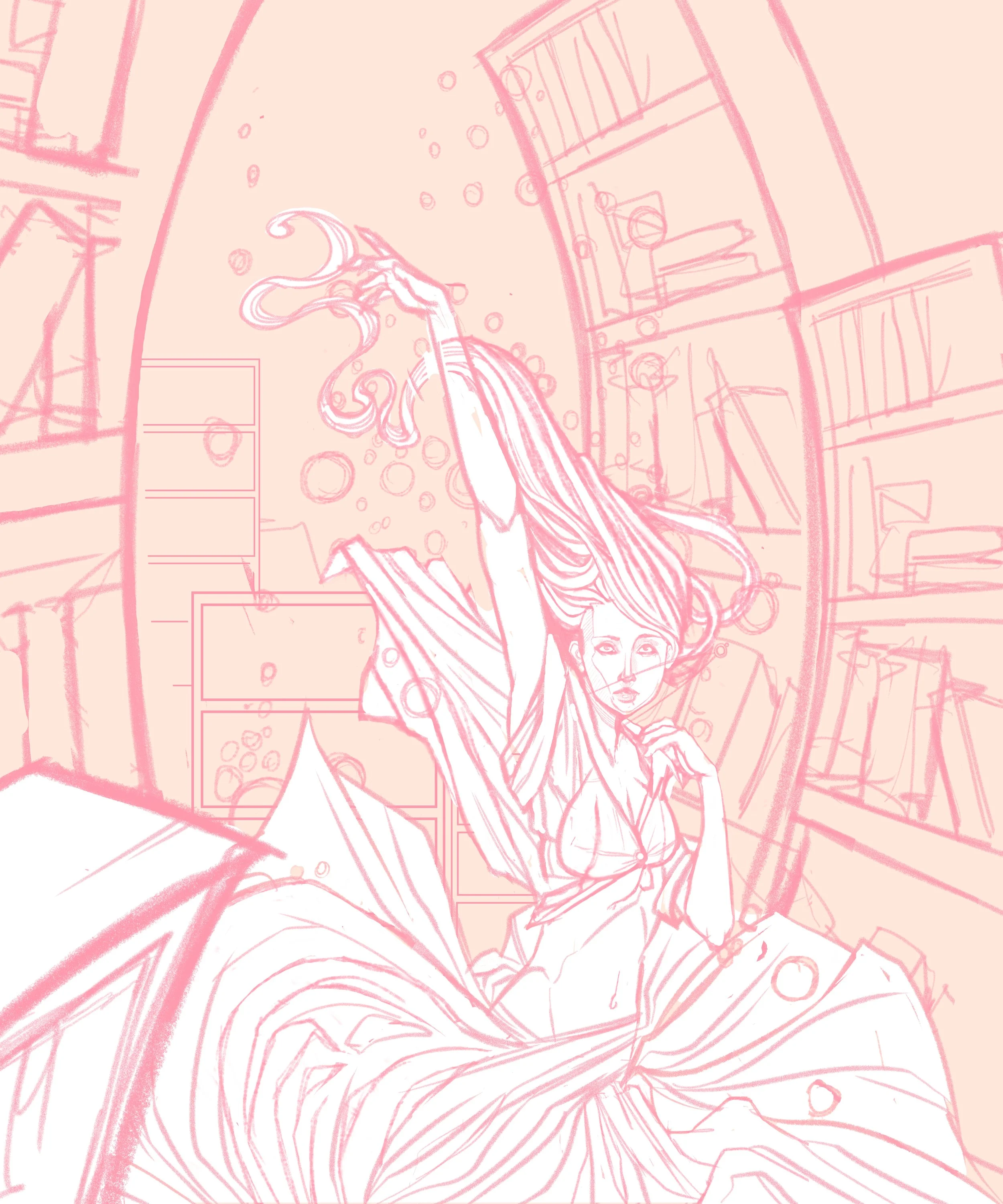 A sketch of a woman with long flowing hair, sitting in a room filled with bookshelves and a window, with bubbles floating around.