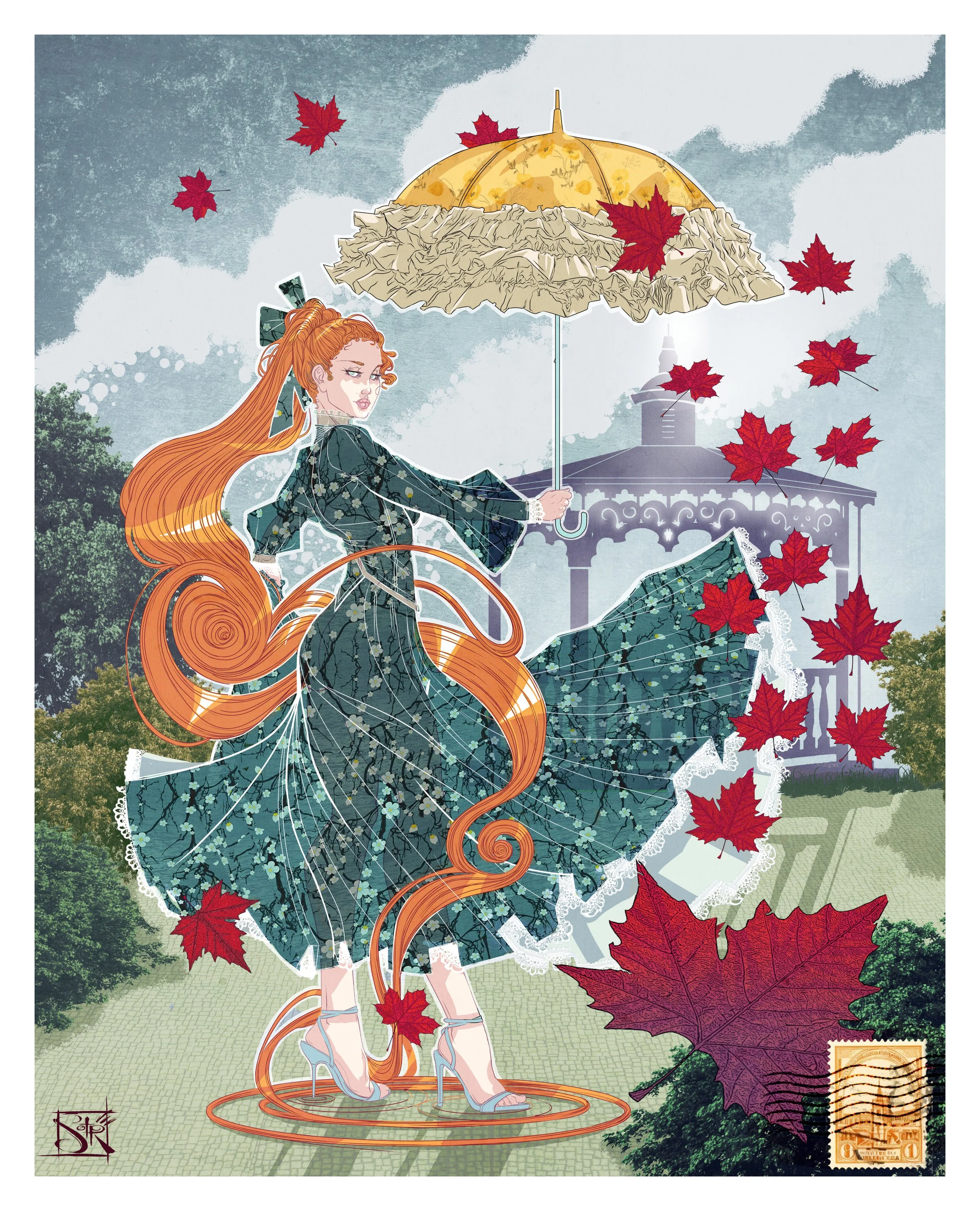 A digital illustration of a woman with long, flowing red hair, wearing a green dress with a floral pattern, standing outdoors under a tree with autumn leaves falling around her. She is holding a yellow umbrella with frilled edges, and there is a gazebo in the background. The illustration includes a postage stamp and a signature at the bottom left.