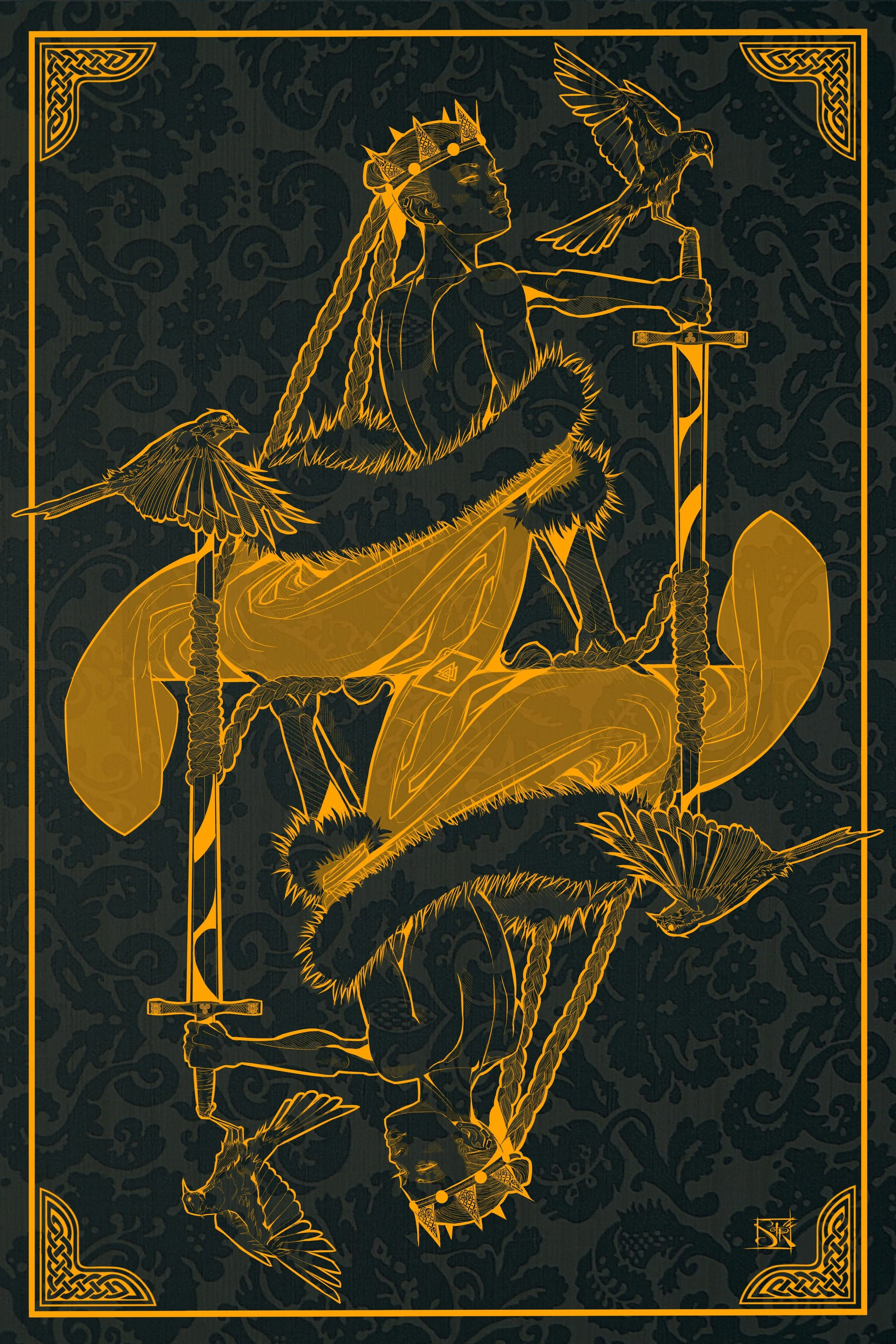 A gold and black illustration by artist Anthony Christopher Robinson of a medieval princess in a mirrored, playing-card style. She holds a sword in her right hand with a falcon perched on her arm, and is surrounded by an intricate gold border.