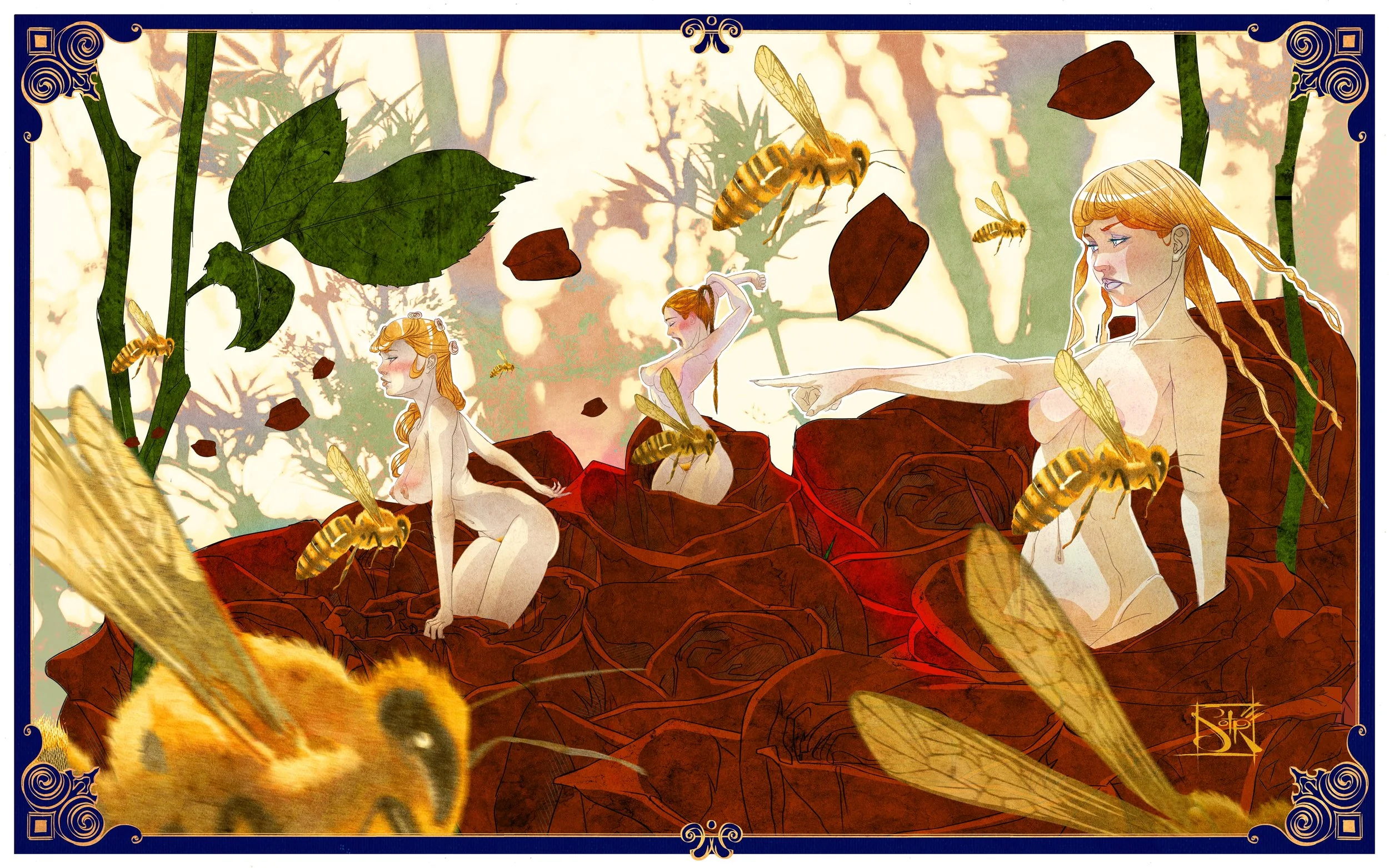 "Monday Morning in the Garden", an illustration by artist Anthony Christopher Robinson,  featuring three roses personified as beautiful women amongst the rush hour of swarming bees.