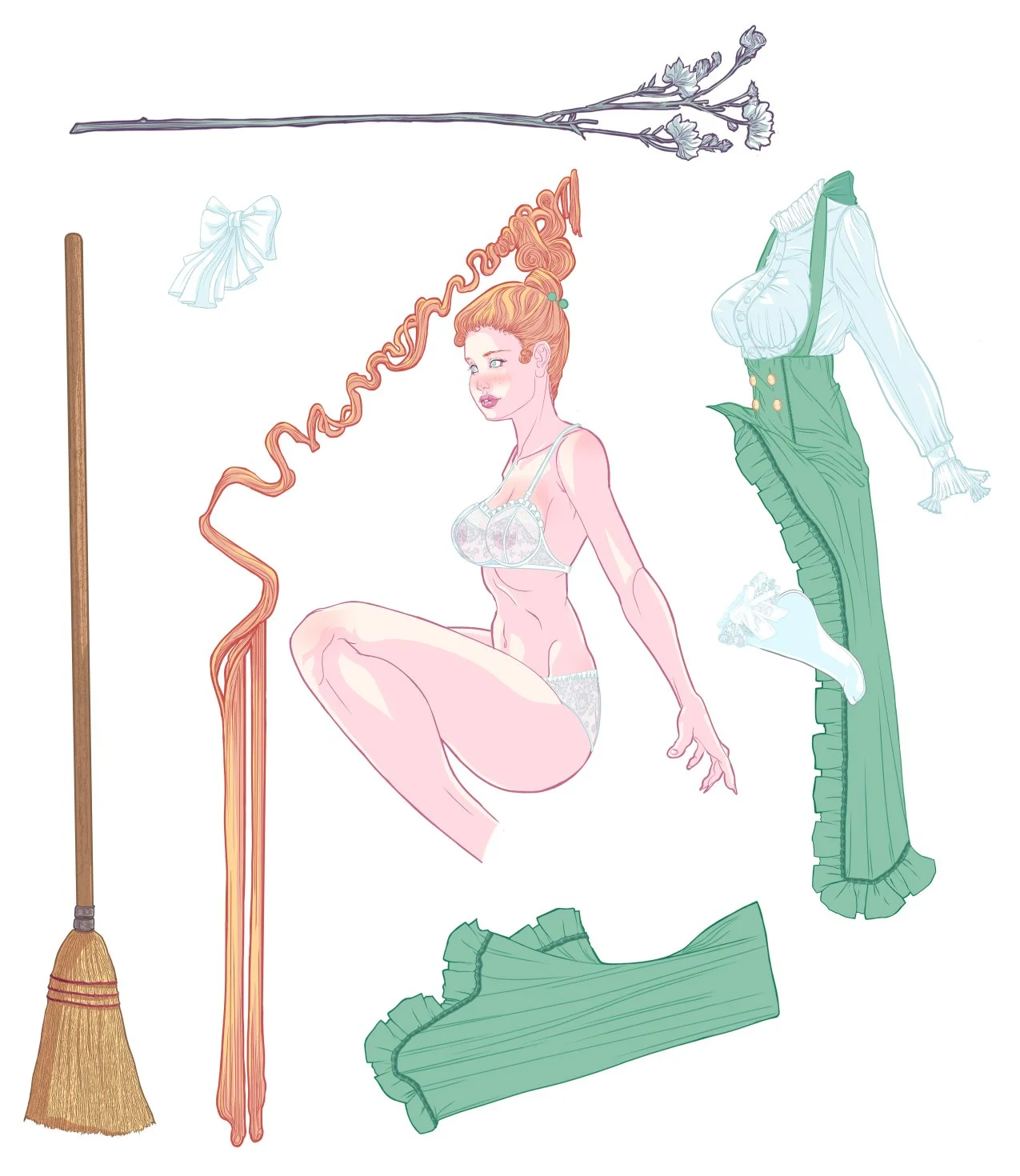 Digital illustration of a woman with red curly hair, wearing lingerie, sitting in a crouched position. Surrounding her are outlines of clothing and household items including a broom, a flower, a bow, and a skirt.