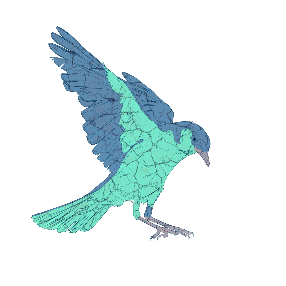 A digital illustration of a bird with a cracked, bright blue and green body, showing detailed wing and feather structure.