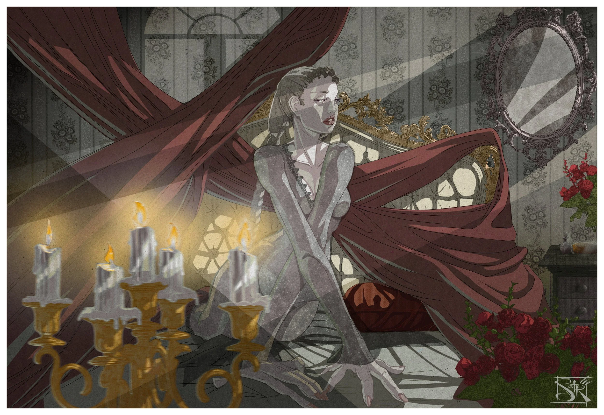 A woman with dark hair and red lipstick sitting on the floor in a fancy room, surrounded by candles, red roses, and ornate furniture, with a mirror on the wall reflecting light.