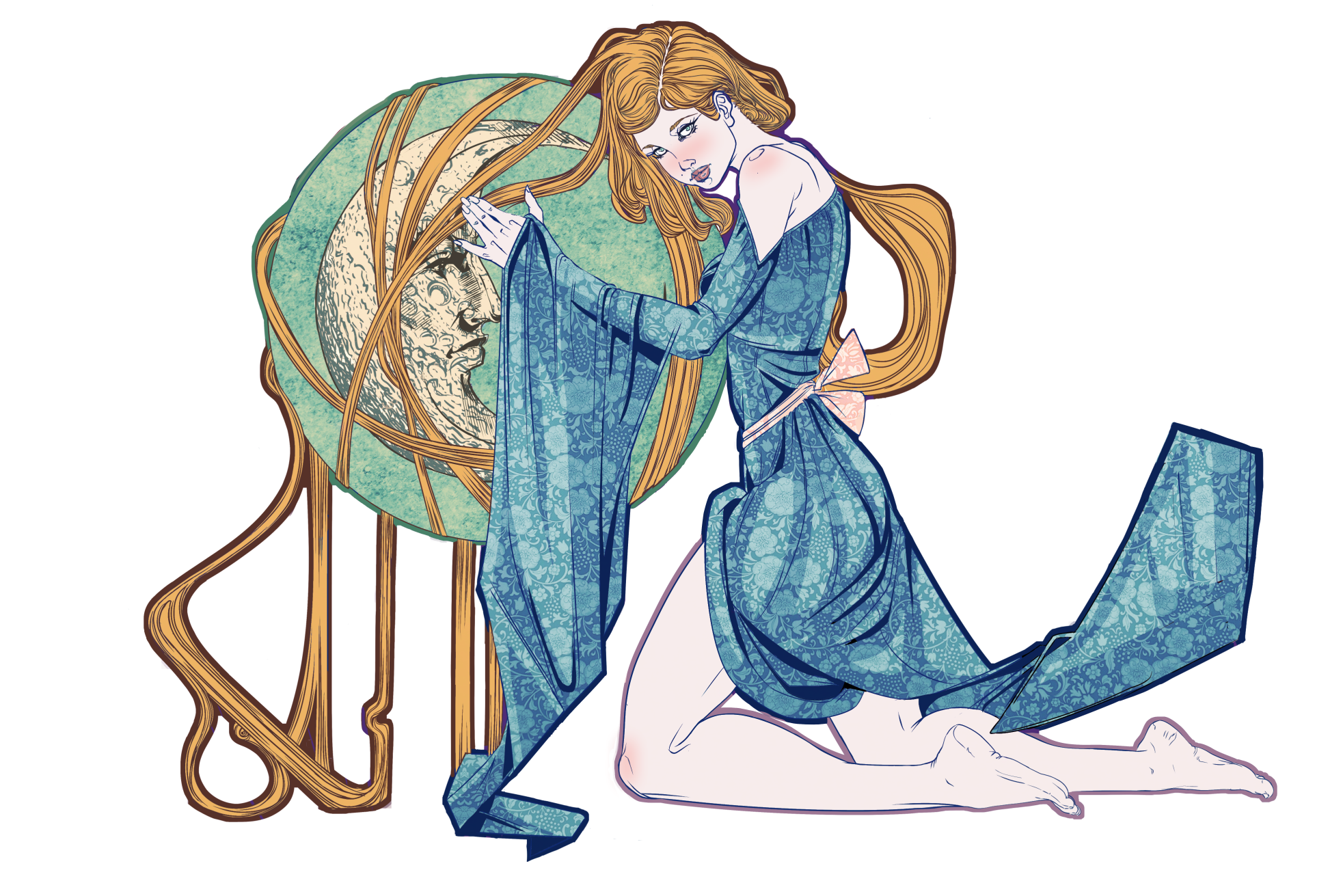 A digital illustration of a woman with long red hair kneeling on the floor in a kneeling position. She is wearing a blue robe with floral patterns and a pink bow on the sleeves. She is touching a moon face on a large, circular, vintage-style mirror with a wooden frame, which is frosted with a greenish hue.