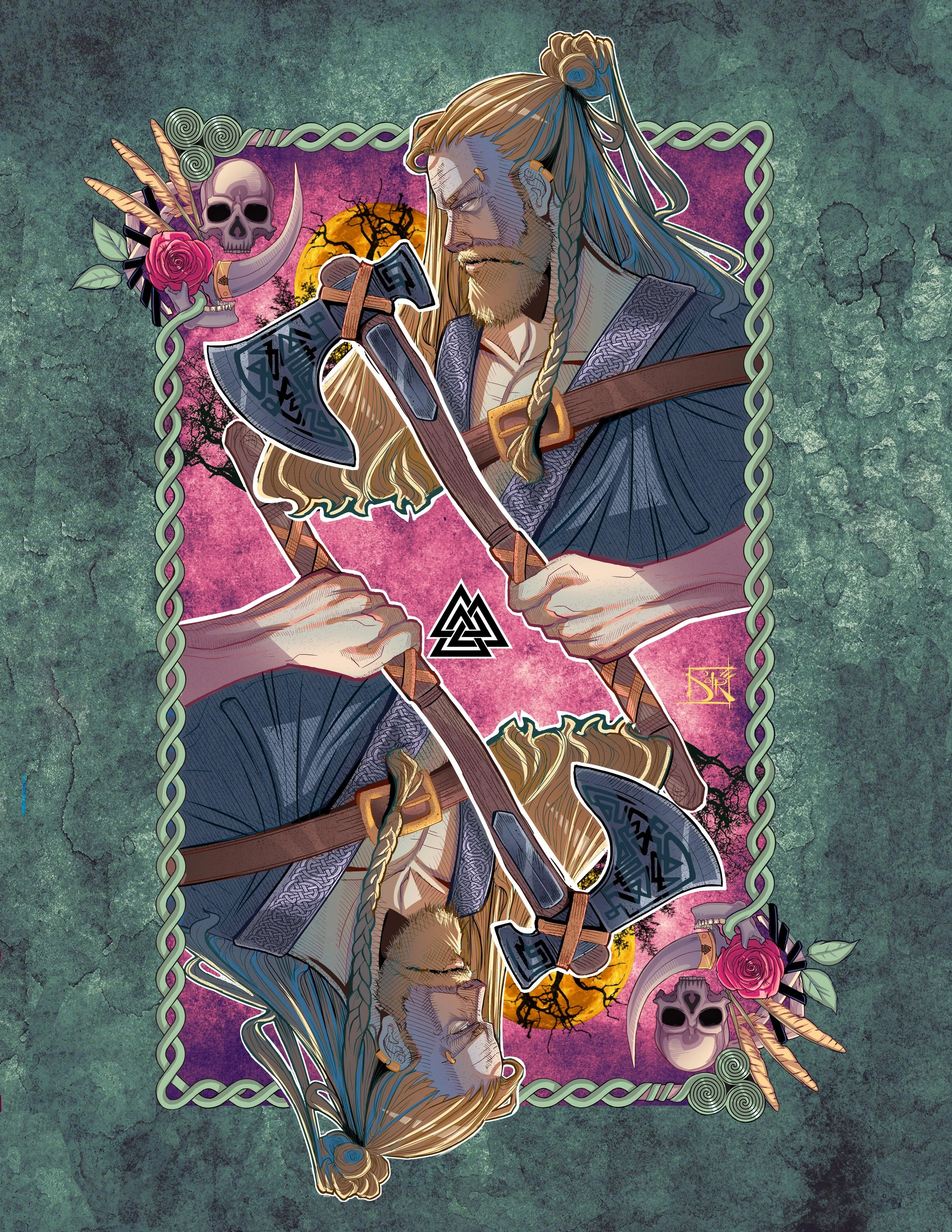 Digital illustration of a warrior man with long blond hair, wielding a sword, positioned in front of a purple background with a full moon, surrounded by skulls, roses, feathers, and mystical symbols.