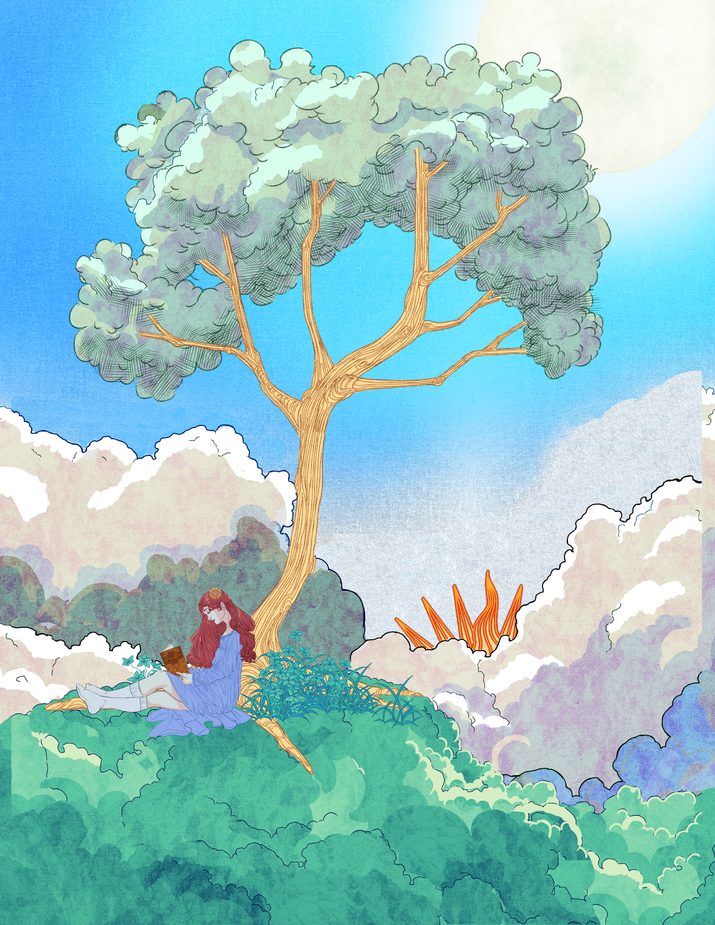 A woman with long red hair sitting on a grassy hill, reading a book surrounded by clouds, a large tree, a bright sun, and a blue sky.