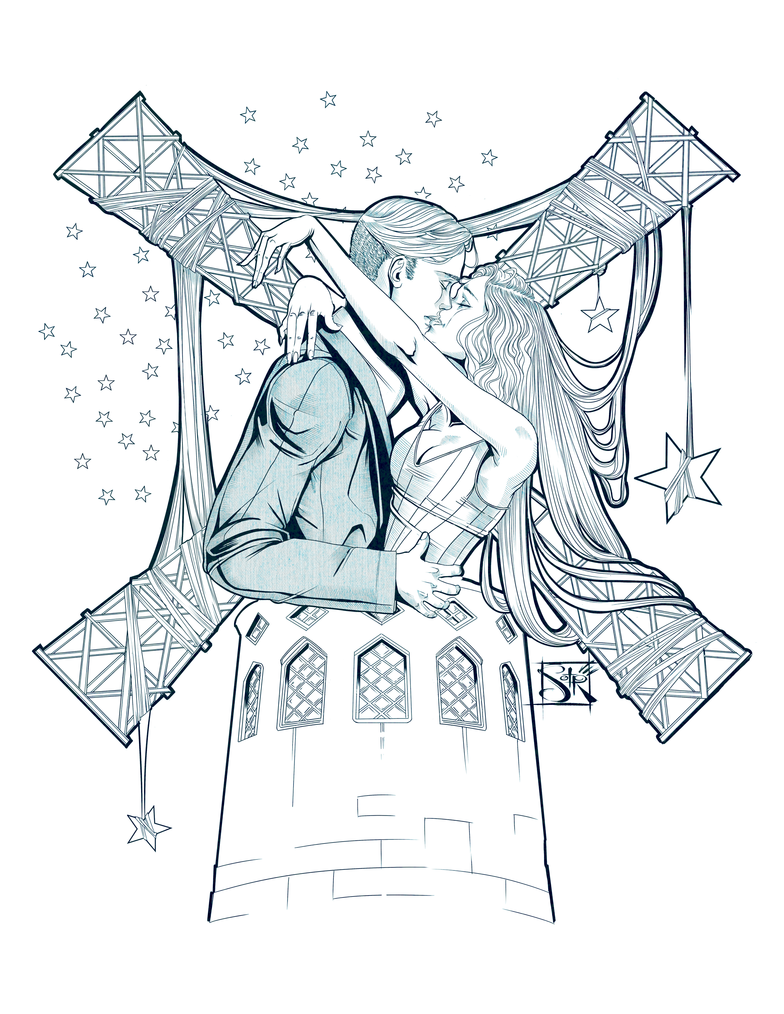 A black and white illustration of a couple sharing a romantic moment, with a background of stars, a crescent moon, and a stylized, ornate architectural structure.