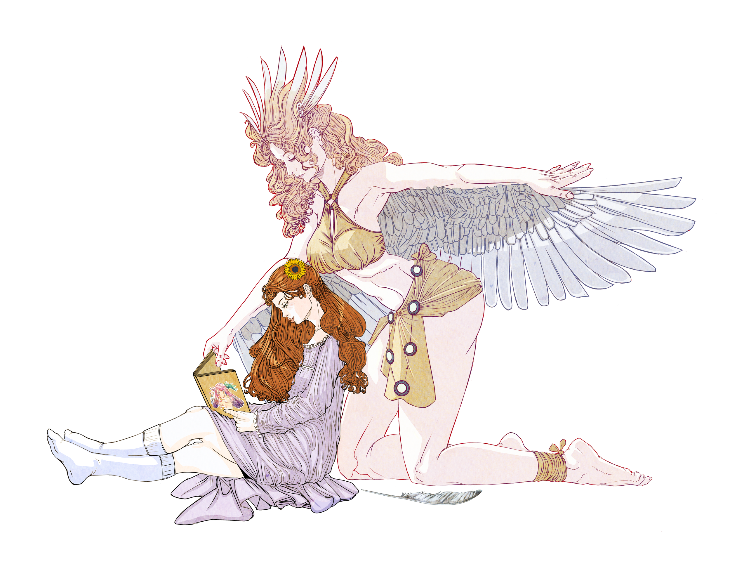 An illustration of a woman with large wings, long wavy hair, and a crown, sitting with her eyes closed, while a girl with long red hair and glasses reads a book underneath her.