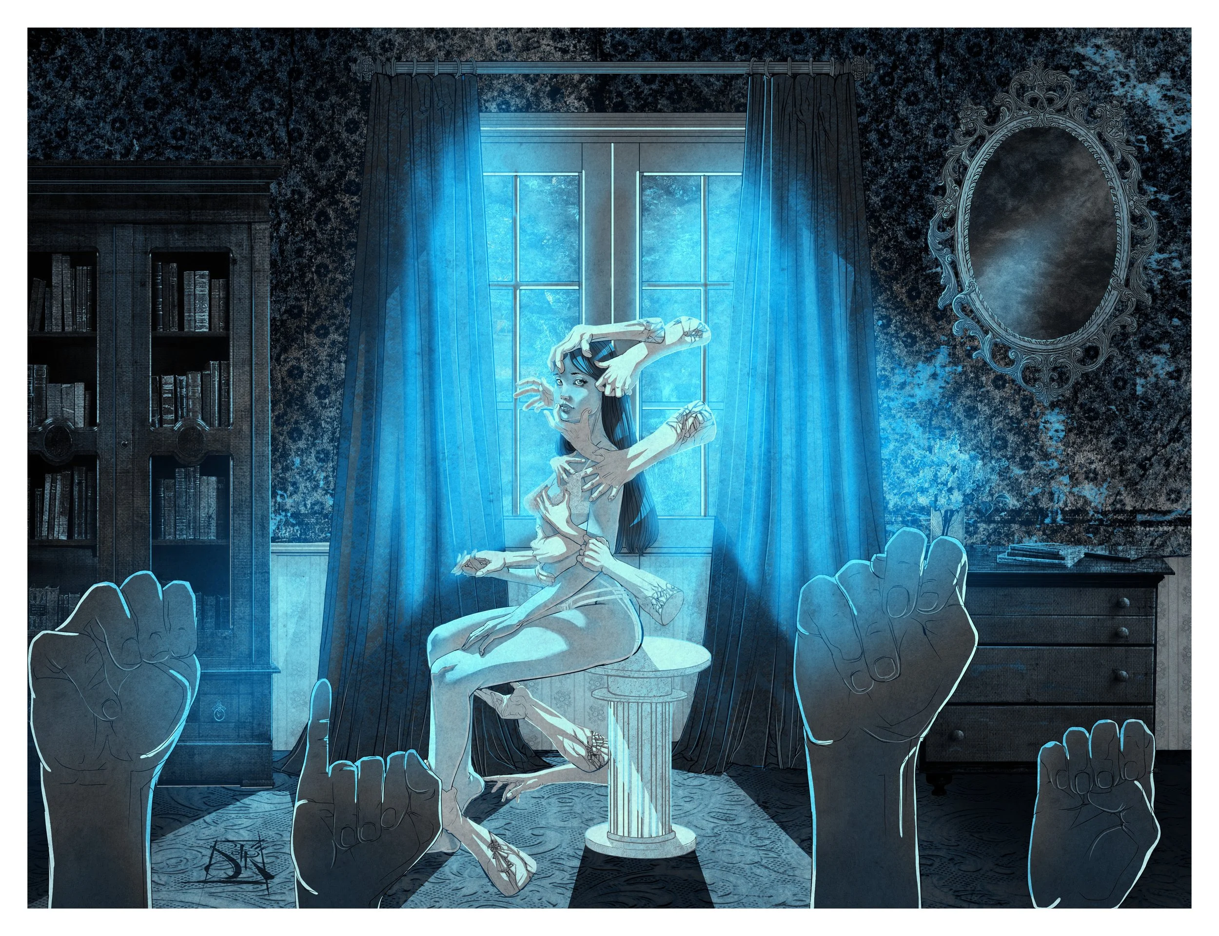 A mysterious scene with a woman sitting on a chair in front of a large window, surrounded by hands reaching towards her from different angles. The room appears dark with blue lighting, and a statue is visible in the background.