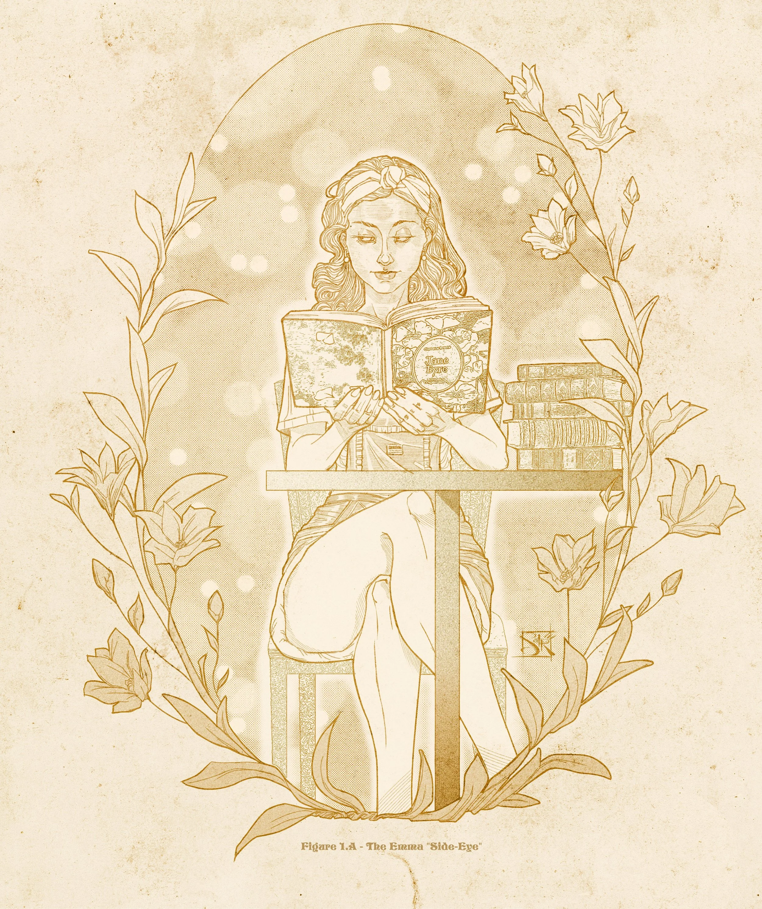 An illustration of a woman reading a book titled 'The Emma Side-Eye', surrounded by floral borders and books on a table, with a faint halo and decorative stars, in a vintage-style sepia tone.