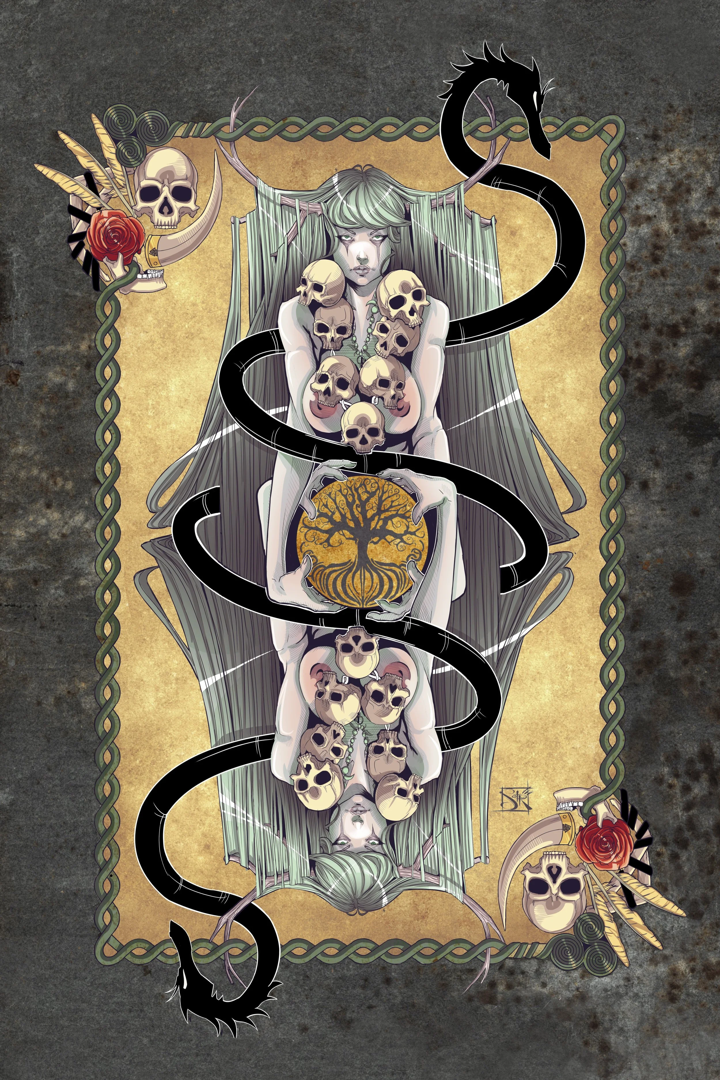 Stylized artwork featuring a female figure with pale skin and gray hair, surrounded by skulls and black serpents, with gothic and macabre themes.