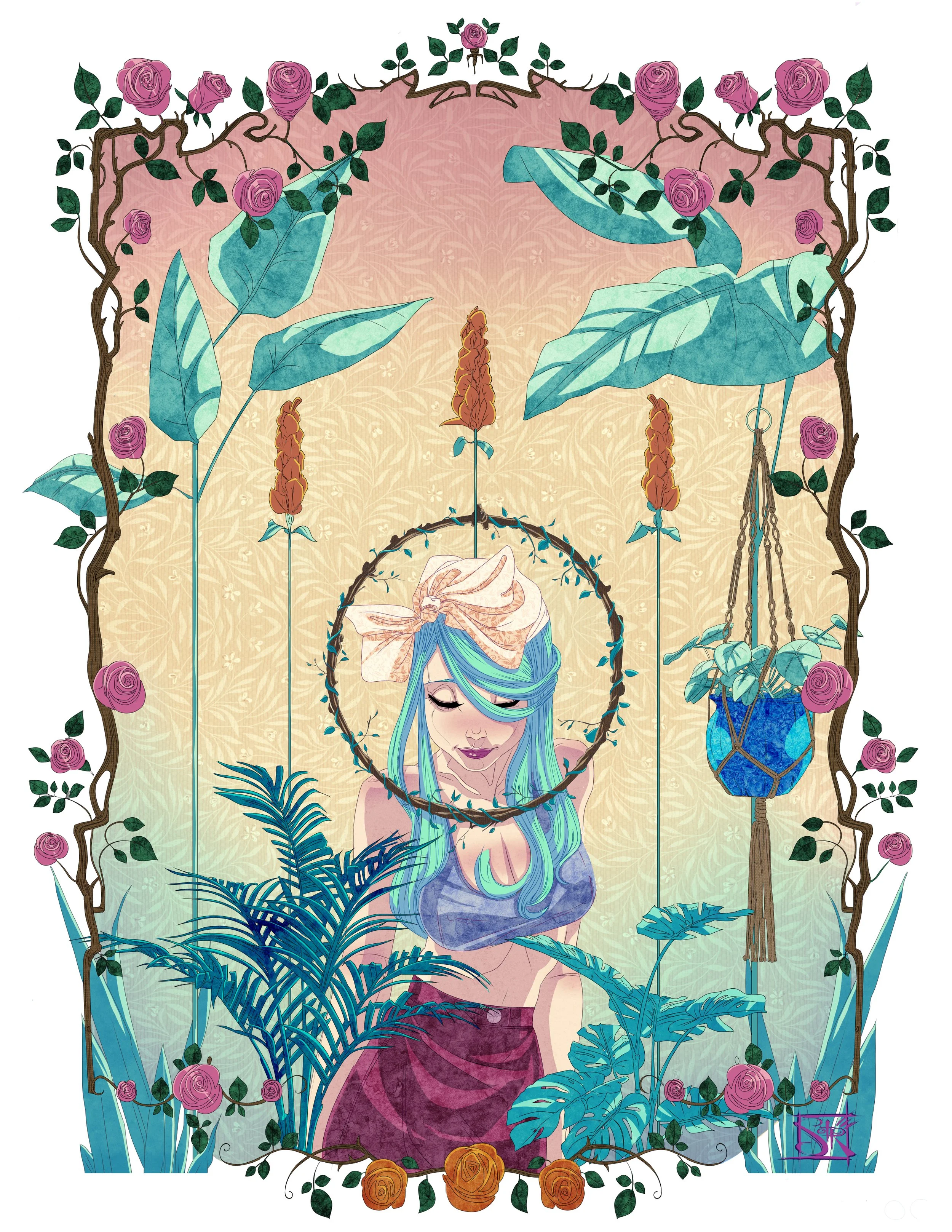 A digital illustration of a woman with long, flowing blue hair and closed eyes, surrounded by lush green plants, large blue leaves, and pink roses. She is in front of a mirror with a decorative frame, and wears a purple floral dress. The background features a soft, intricate pattern of leaves and flowers.