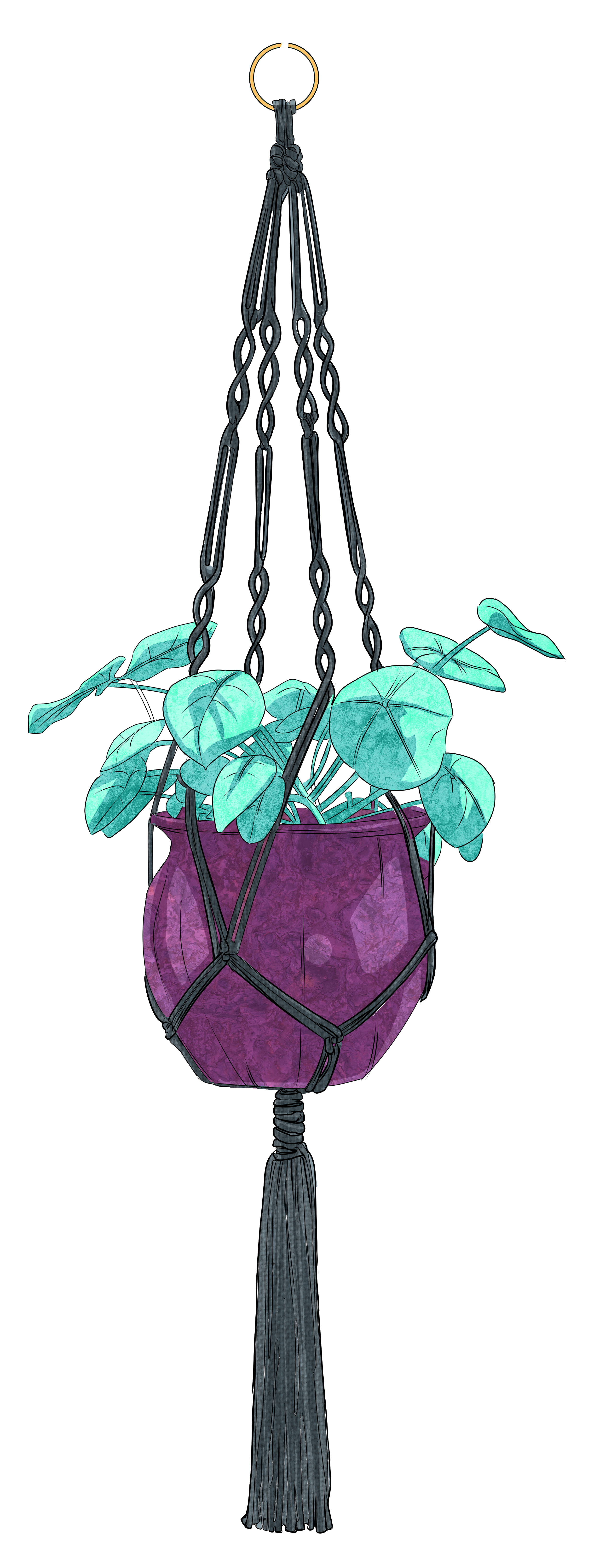 Illustration of a hanging planter with green leaves, suspended by black chains from a gold ring, and decorated with a purple pot and a hanging black tassel.