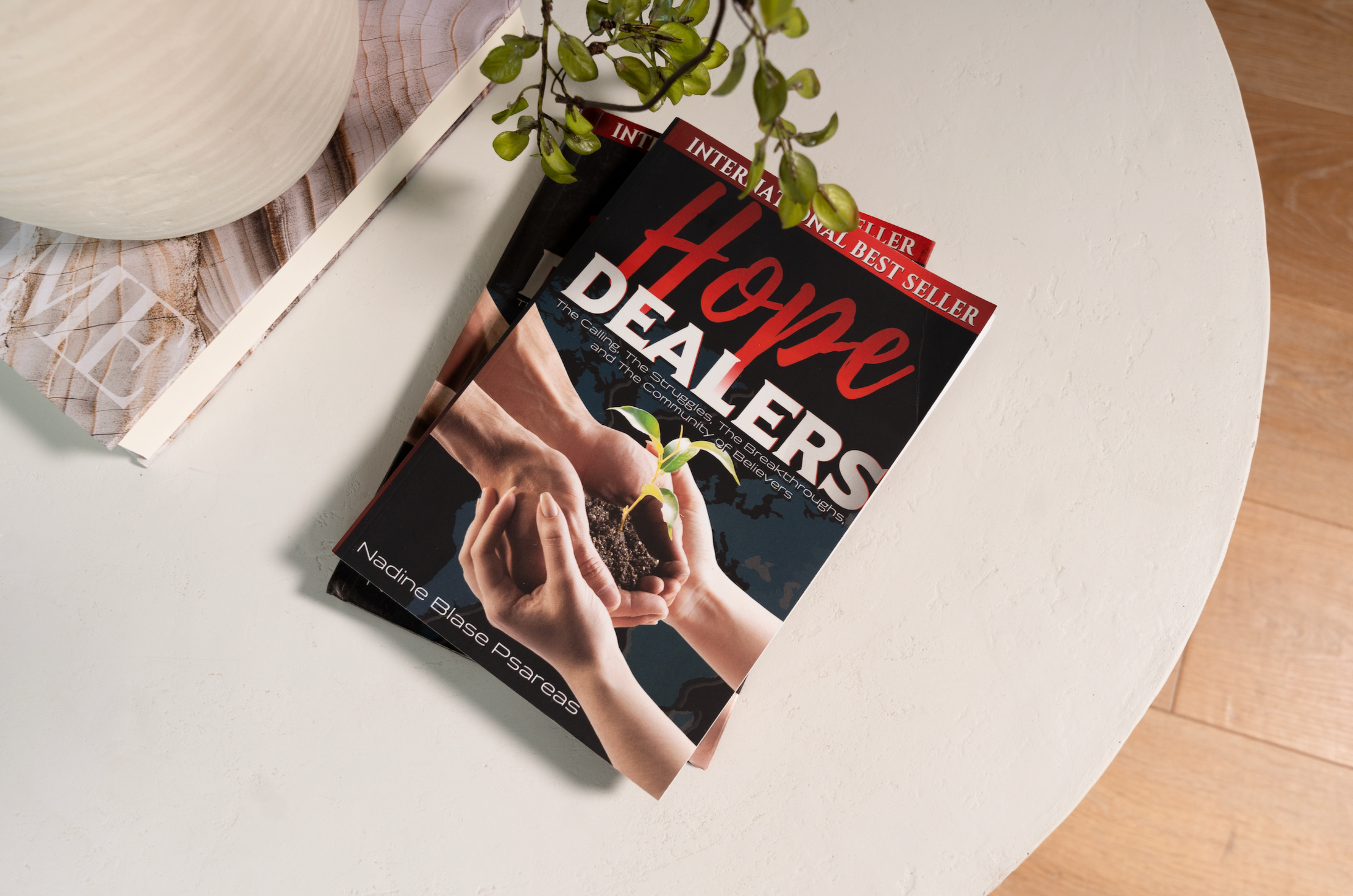 A hand holding a book titled 'The Hope Deluders' by Nadine Blaise Pasares, placed on a white surface with a plant and a ceramic vase nearby.