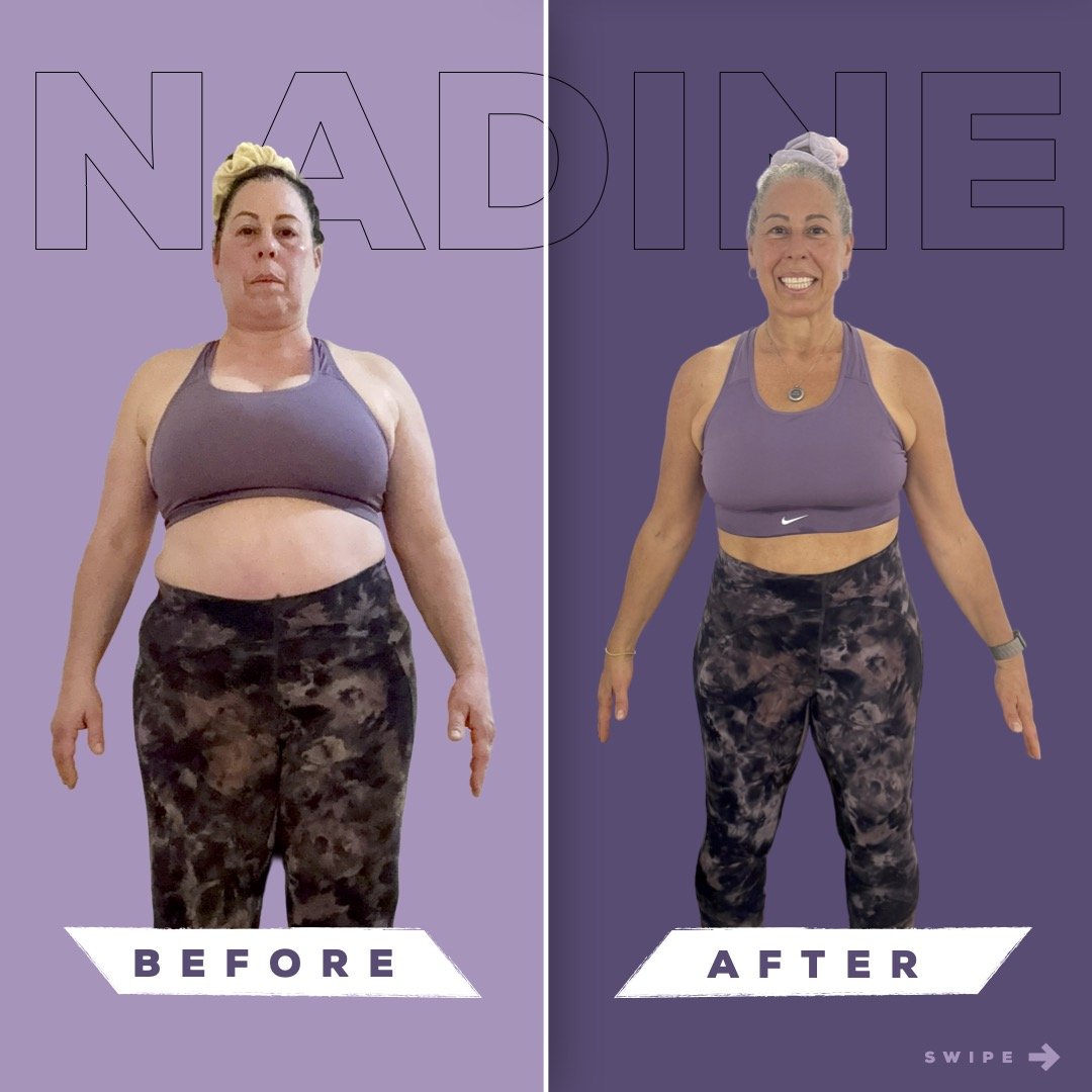 Side-by-side comparison of a woman before and after weight loss. On the left, she has more body weight and a neutral expression. On the right, she appears more toned, smiling, and wearing the same workout outfit. The background is purple with the words 'NADDINE' in outline. 'BEFORE' and 'AFTER' are labeled at the bottom of each side.