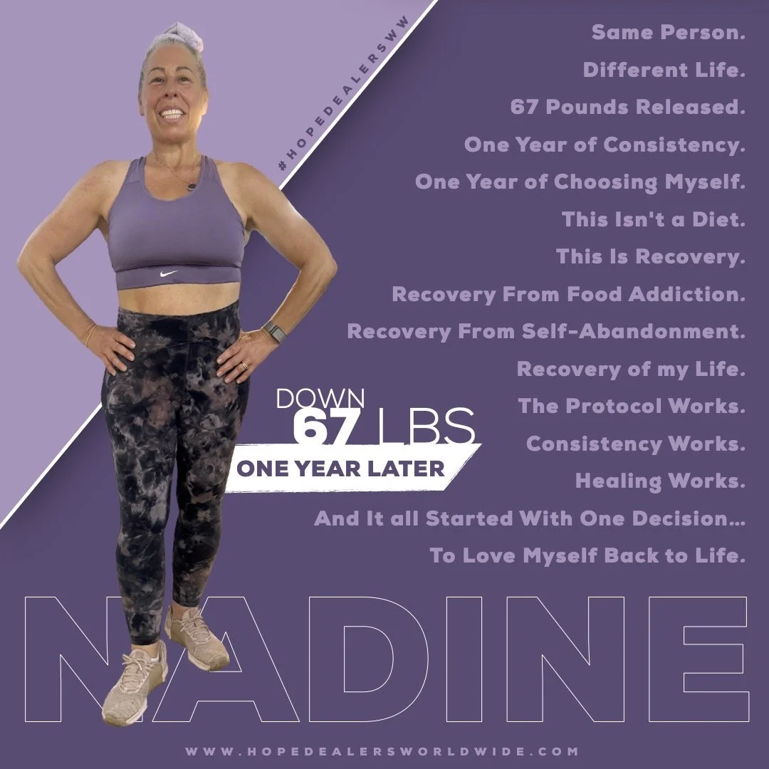 A fit woman in athletic clothes standing confidently with hands on hips, smiling. The background features motivational text about weight loss, recovery, and self-love, highlighting a one-year transformation of losing 67 pounds.