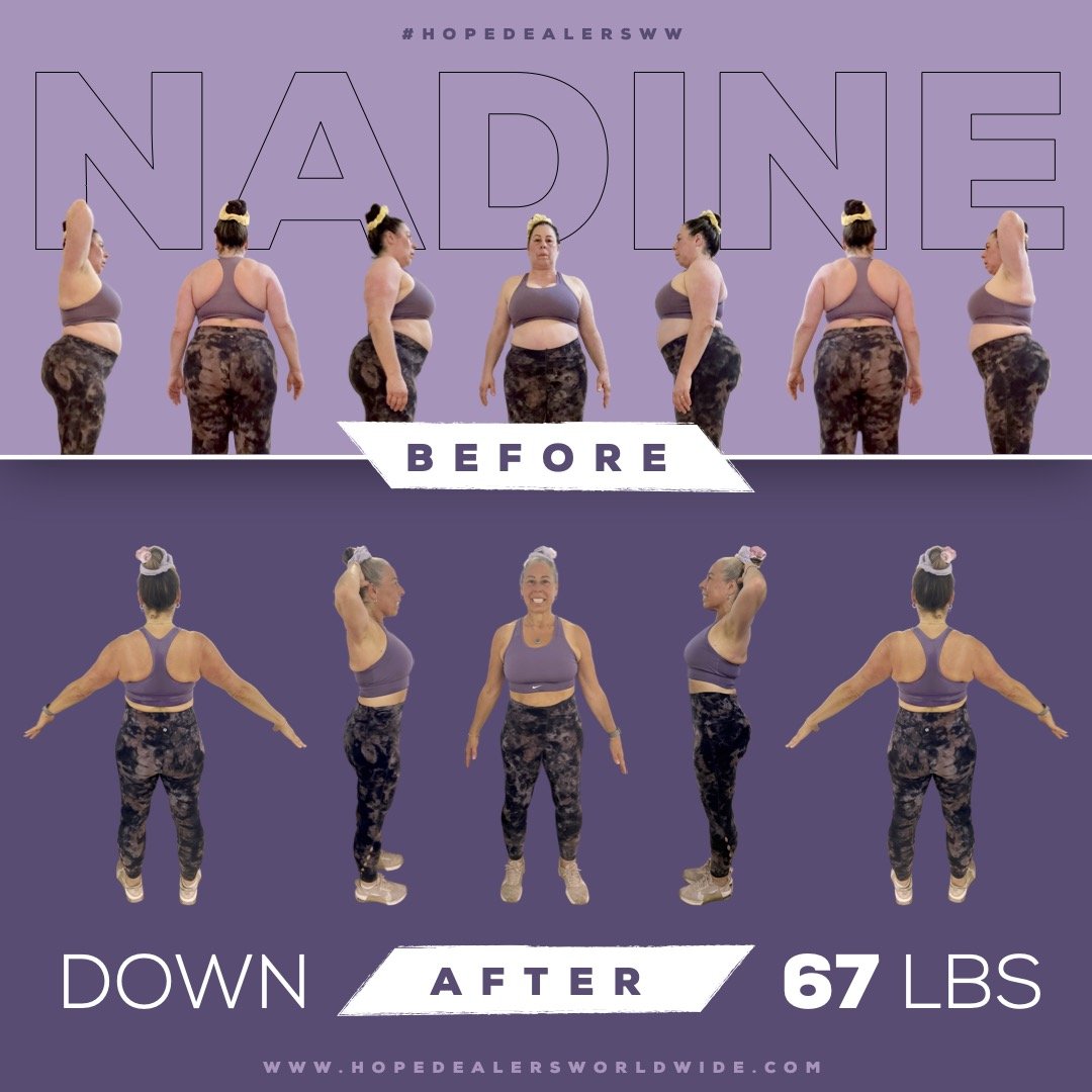 Comparison of a woman before and after weight loss, showing her body from various angles with a purple background. The 'before' images show her heavier, and the 'after' images show her at 67 pounds lighter.