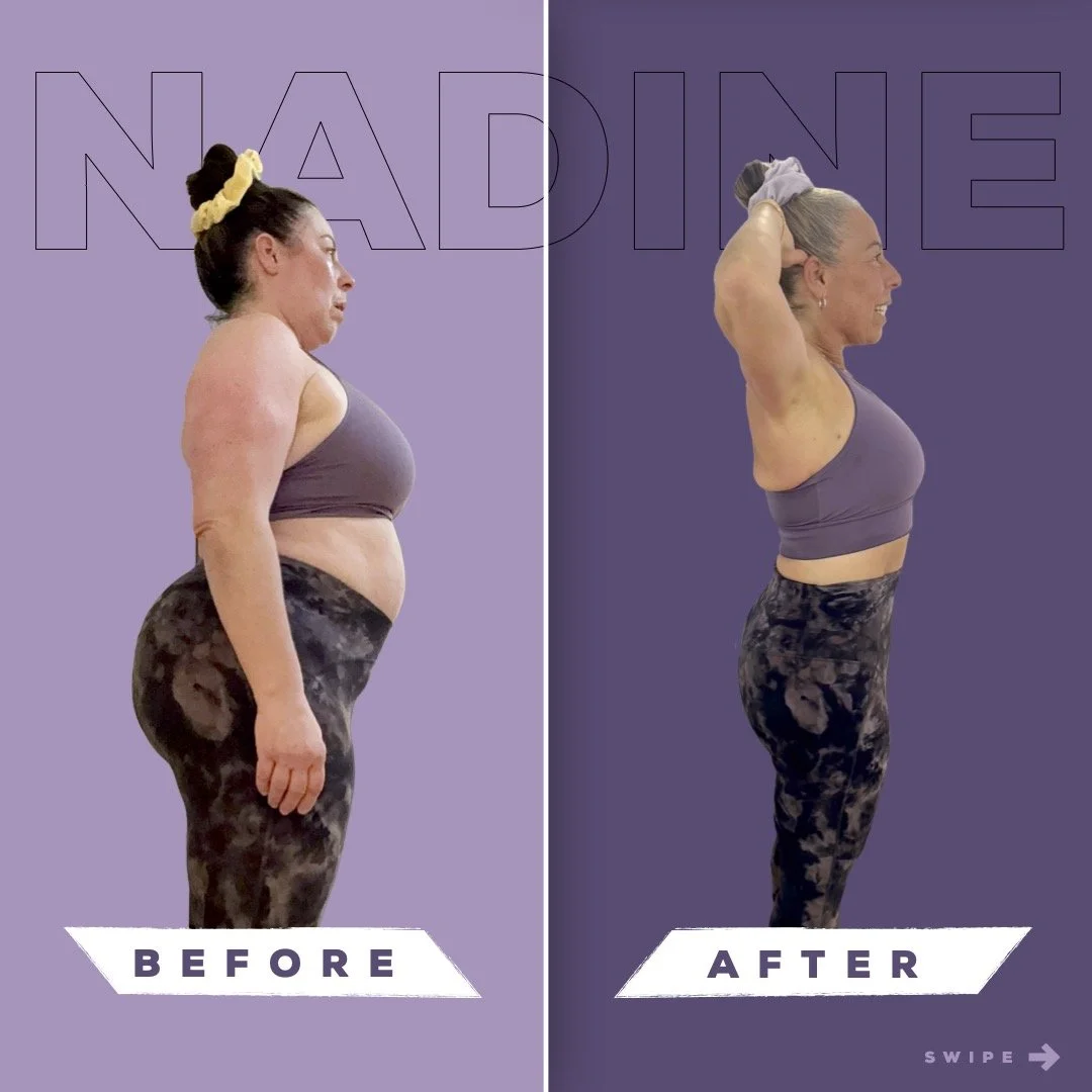 Side-by-side comparison of a woman before and after weight loss. In the before image, she is heavier and has a darker purple background, while in the after image, she is slimmer, smiling, and has her hands behind her head with a lighter purple background.