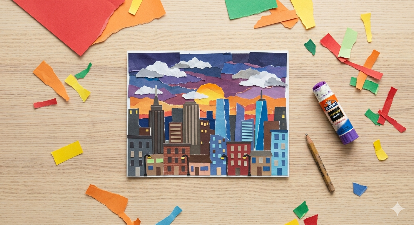 A child's completed torn paper art collage of green hills and a sun on a wooden desk with paper scraps.