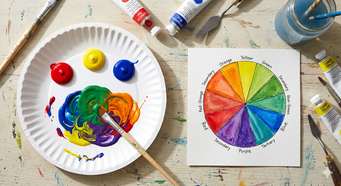 A close-up view of a colorful, hand-mixed watercolor color wheel craft during an elementary school art lesson.