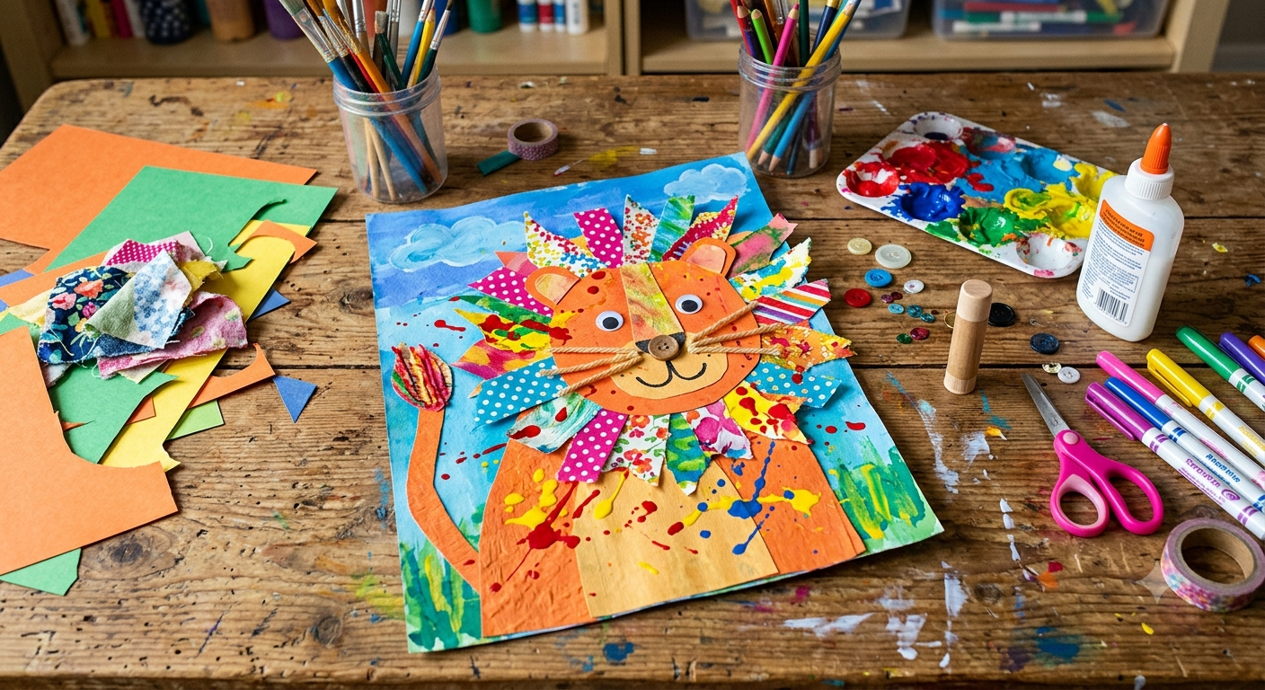 a colorful mixed-media animal craft made from fabric, paper, and paint, surrounded by children's art supplies on a wooden table.