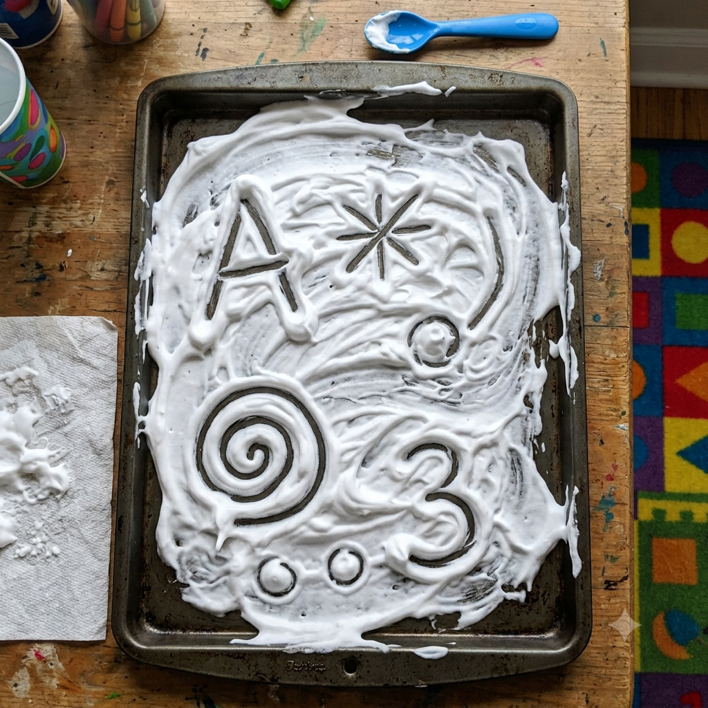 Smeared fluffy white shaving cream on a dark baking tray, tracing shapes in the foam, showcasing a messy but educational sensory play activity.