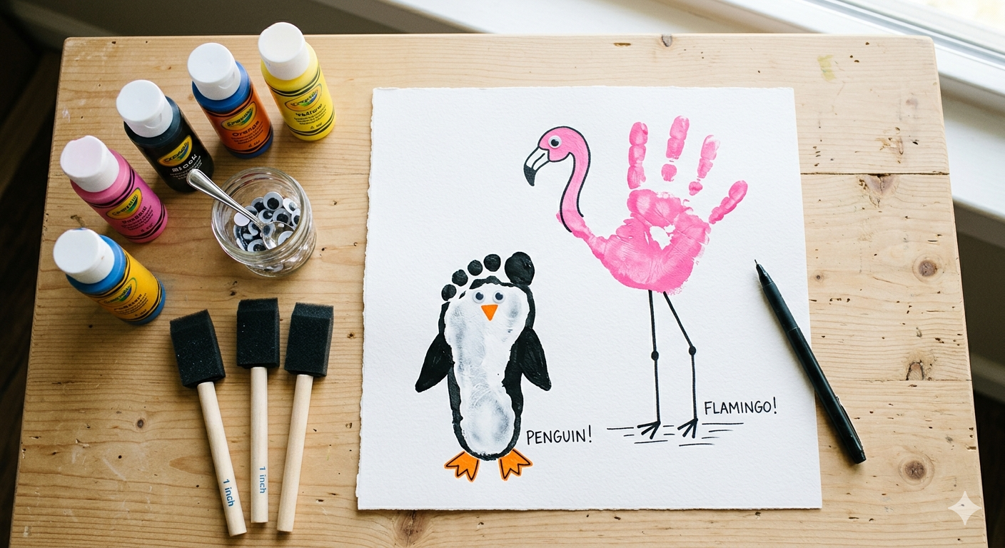 Colorful children's handprint and footprint art transformed into a painted flamingo and penguin on a wooden craft table with art supplies.